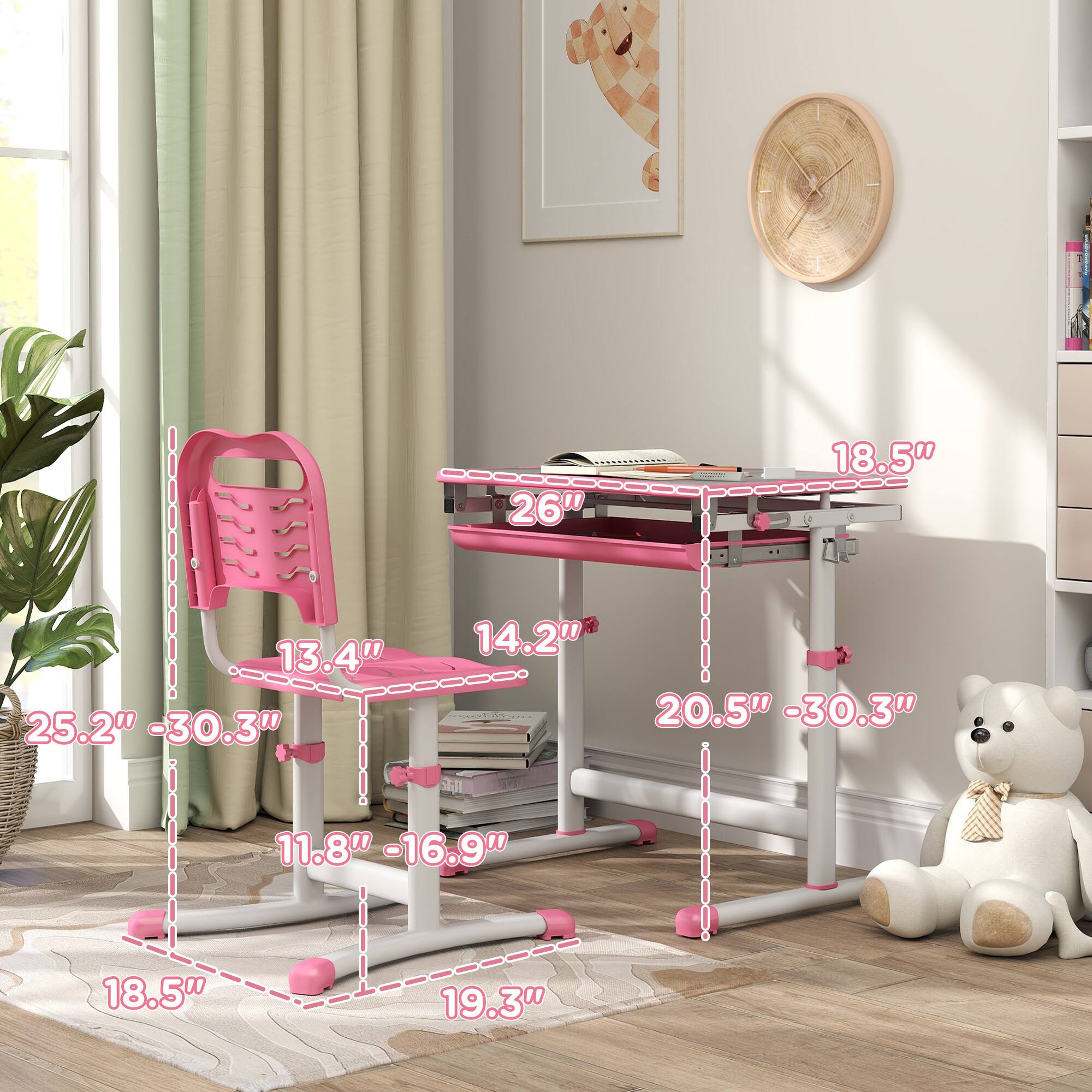 - Table height: 18.5"
- Table width: 26"
- Table depth: 20.5" - 30.3"
- Chair seat height: 13.4"
- Chair seat depth: 14.2"
- Chair back height: 25.2" - 30.3"
- Chair seat width: 11.8" - 16.9"
- Chair back width: 18.5"
- Chair base width: 13.5" - 19.3"