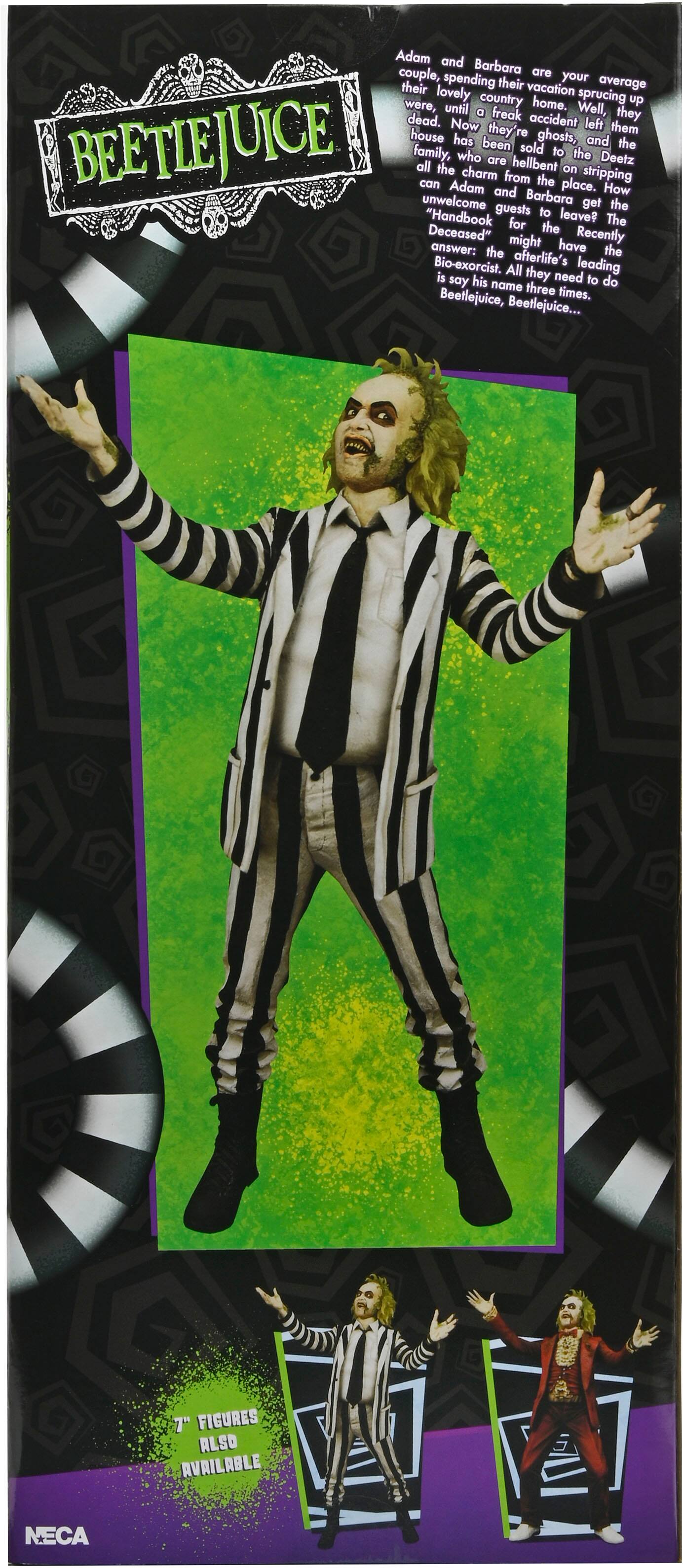 The image shows a Beetlejuice figure with a green background, and the text on the image reads: "Adam and Barbara are spending their lovely vacation at their country home. Sprucing up the place, they accidentally unleash a ghost, and now they're left with a haunted house. The Deetz family, who are hellbent on stripping the charm from the place, have recently sold the house to the Bio-Exorcist. All they need is to say his name three times. Beetlejuice... T FIGURES ALSO AVAILABLE NECA."