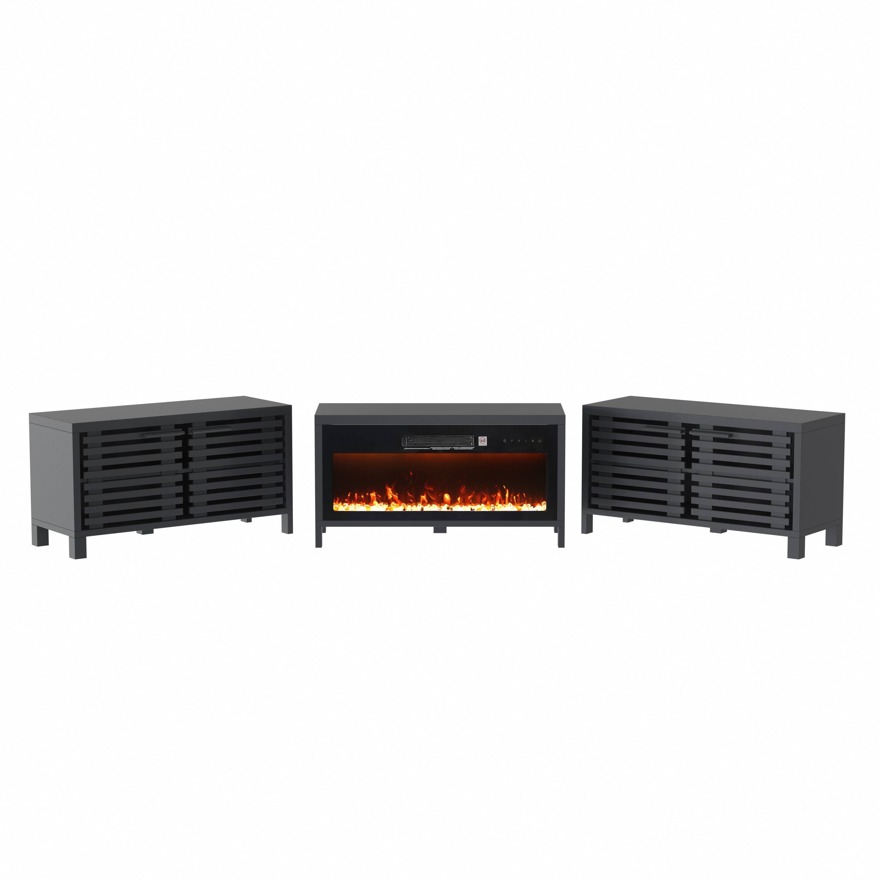 Alt View 4. Parrot Uncle - 115" Farmhouse  3 Pieces TV Stand Entertainment Center with Electric Fireplace and  LED Lights - Black and gray.