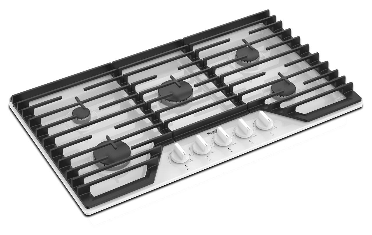 Angle. Whirlpool - 36" Built-In Gas Cooktop with 5 Burners and EZ-2-Lift Hinged Cast-Iron Grates - White.