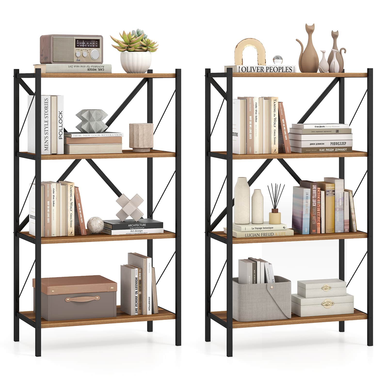 Gymax - 2PCS 4-Tier Bookshelf Book Holder w/Heavy-Duty Metal Frame for Living Room Walnut - Brown