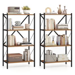 Gymax - 2PCS 4-Tier Bookshelf Book Holder w/Heavy-Duty Metal Frame for Living Room Walnut - Brown