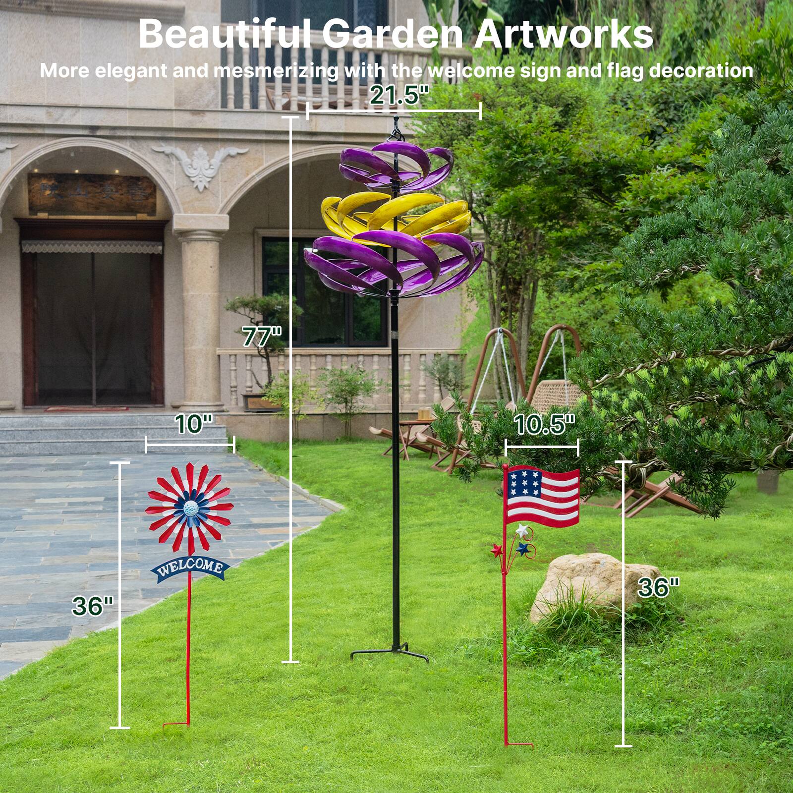 Beautiful Garden Artworks  
More elegant and mesmerizing with the welcome sign and flag decoration  

- 21.5"  
- 10"  
- 77"  
- 10.5"  
- 36"  
- 36"