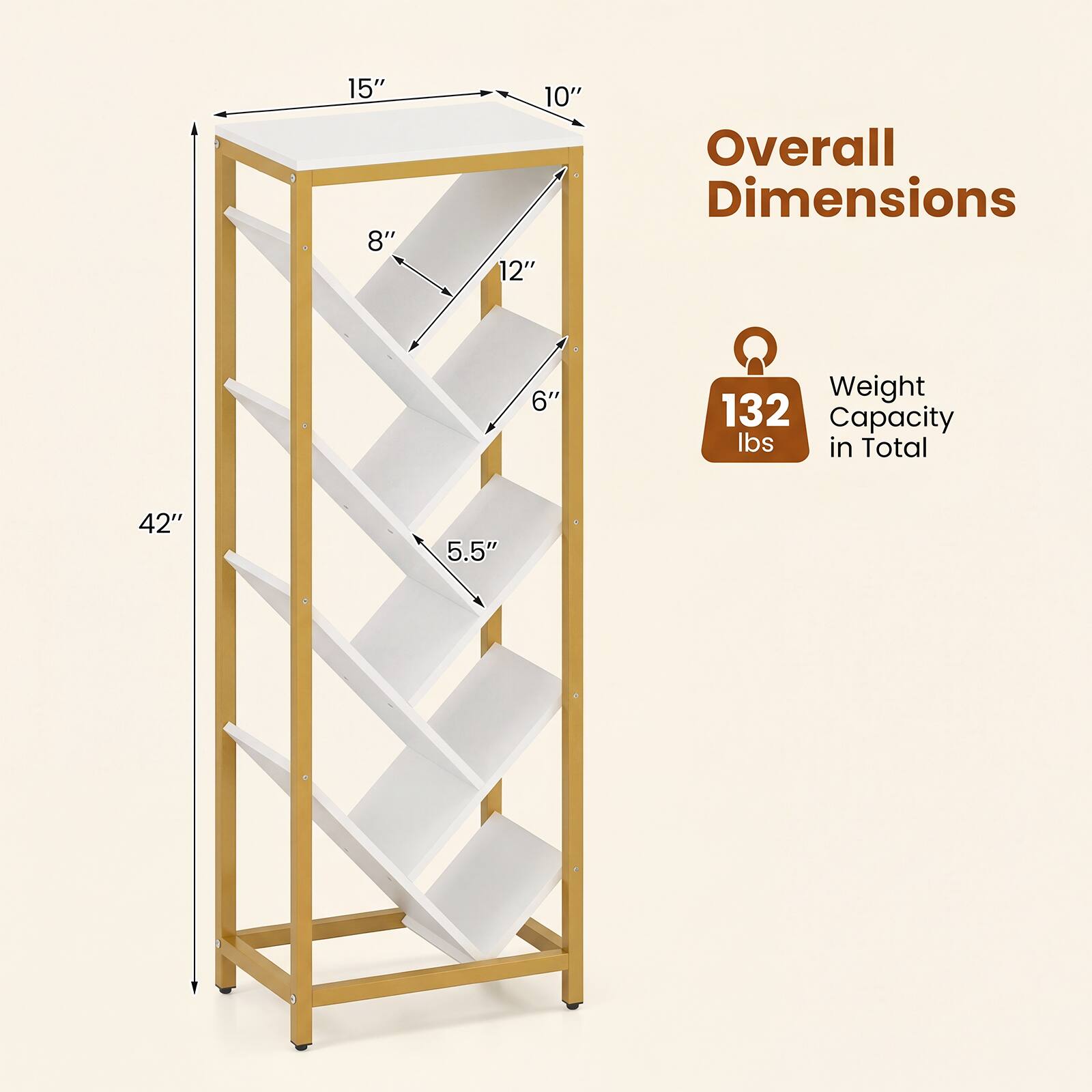 15" x 10" x 42" Overall Dimensions  
8" x 12" x 6" x 5.5"  
132 lbs Weight Capacity in Total
