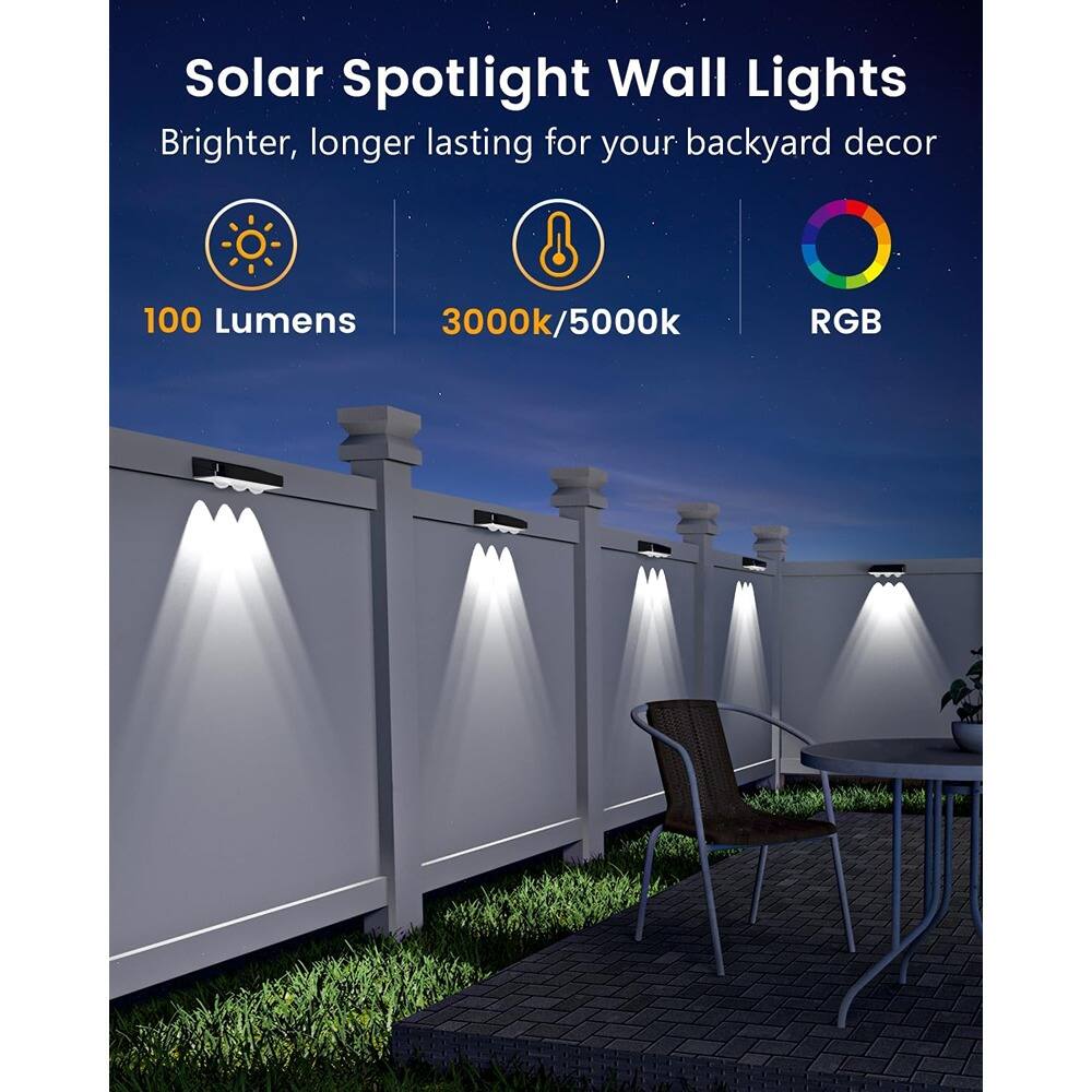 Solar Spotlight Wall Lights  
Brighter, longer lasting for your backyard decor  

100 Lumens  
3000k/5000k  
RGB