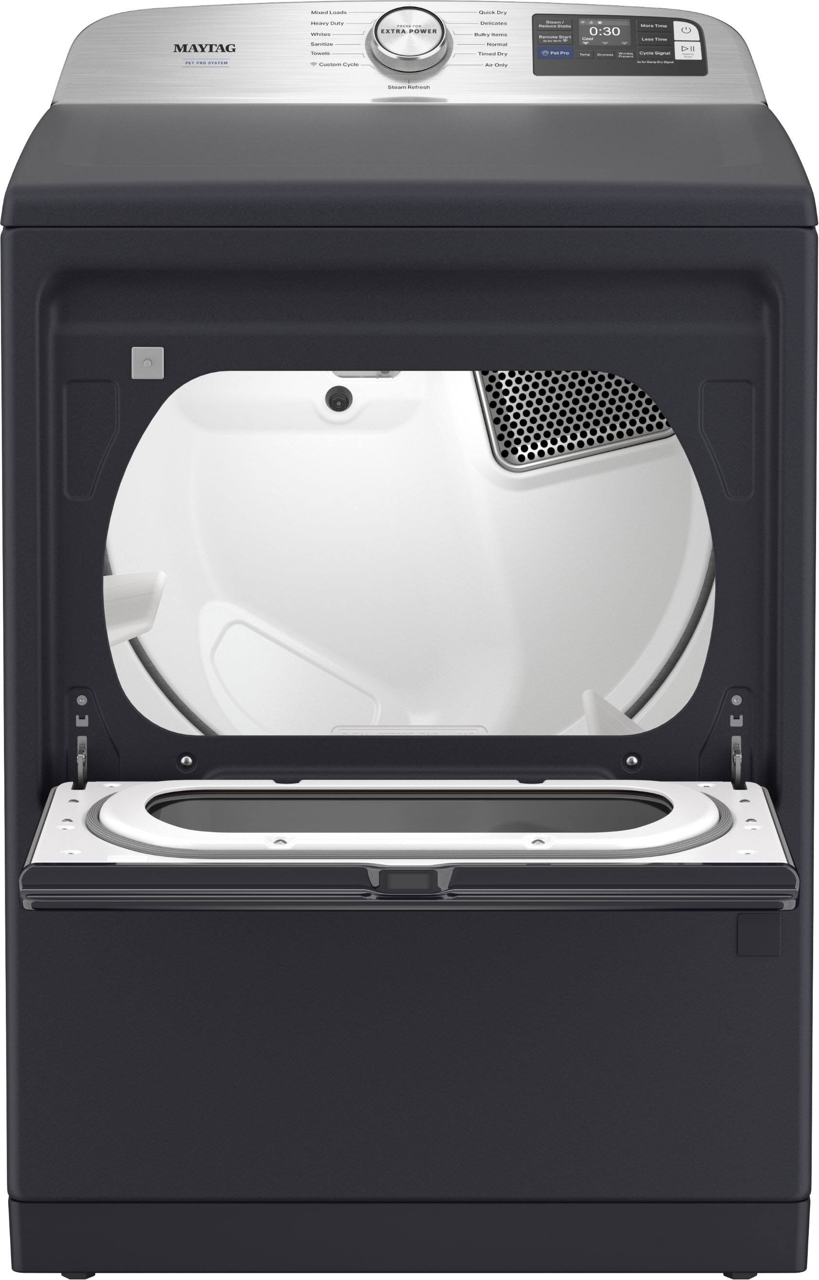 MAYTAG  
WASHING MACHINE  

EXTRA POWER  

Mixed Load  
Heavy Duty  
Whites  
Towels  
Custom Cycle  

Quick Dry  
Delicates  
Bulky Items  
Tuned Dry  
Air Only  

0:30  
More Time  
Cancel Start  
Less Time  
Custom Dry  
Steam Refresh