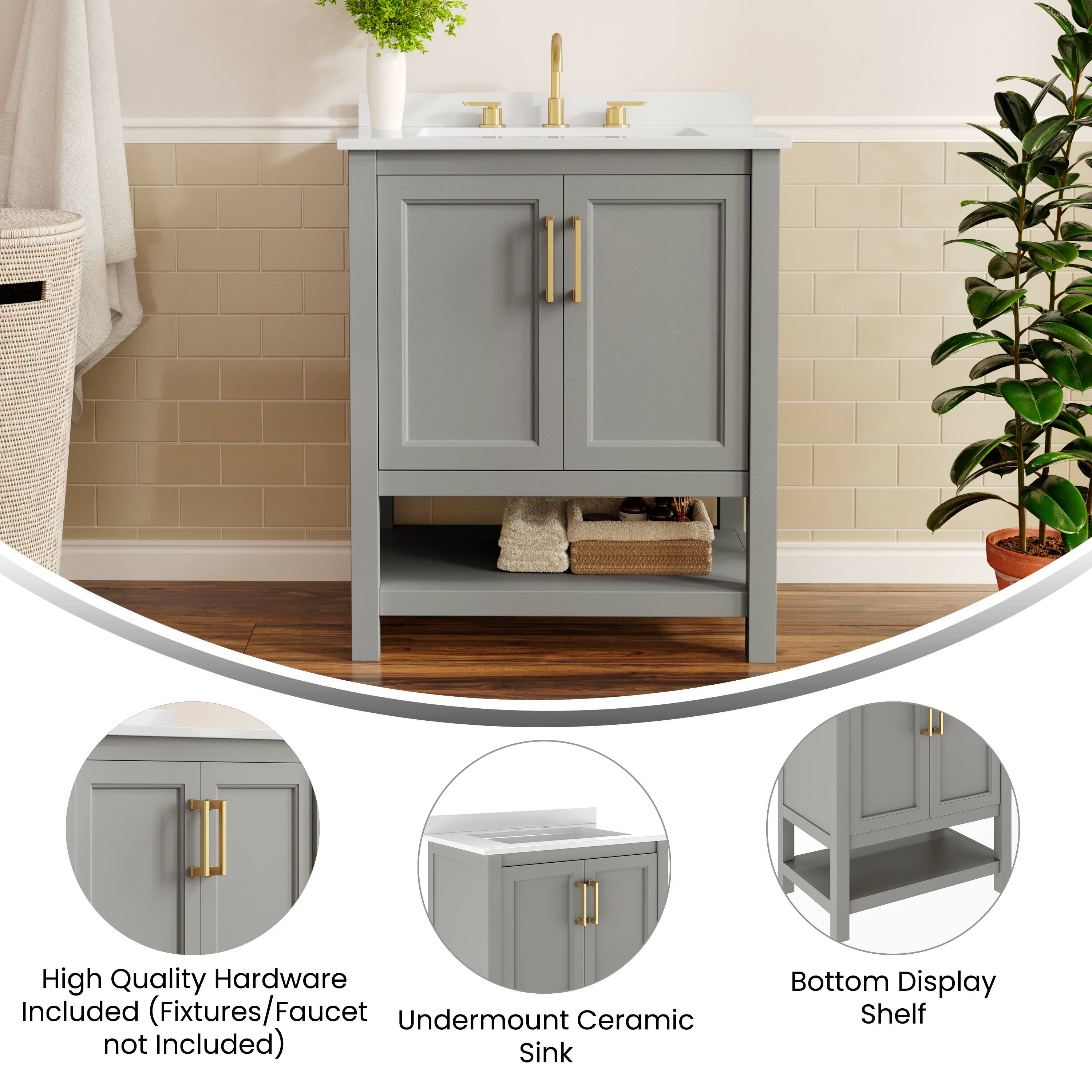 1. High Quality Hardware Included (Fixtures/Faucet not Included)
2. Undermount Ceramic Sink
3. Bottom Display Shelf