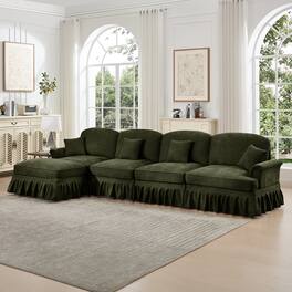 Anysun - Classic L-Shape Chenille 4-Seat Sectional with Ottoman - Flared Arms, Ruffled Skirt & Spindle Legs, Deep Seat - Green