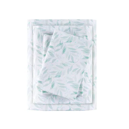 Front. Gracie Mills - Gracie Mills Esme Breathable Printed Cotton Percale Sheet Set - Green Leaves.