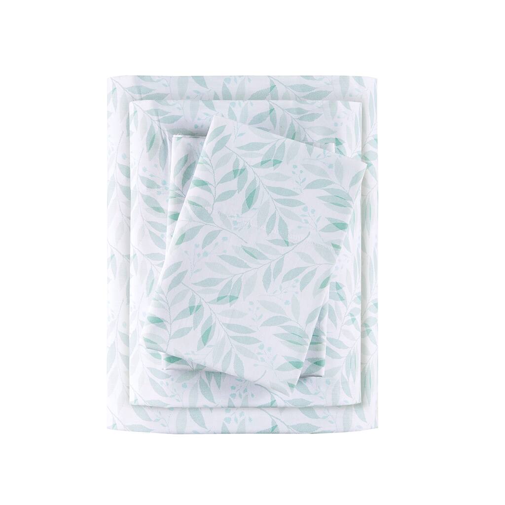Front. Gracie Mills - Gracie Mills Esme Breathable Printed Cotton Percale Sheet Set - Green Leaves.