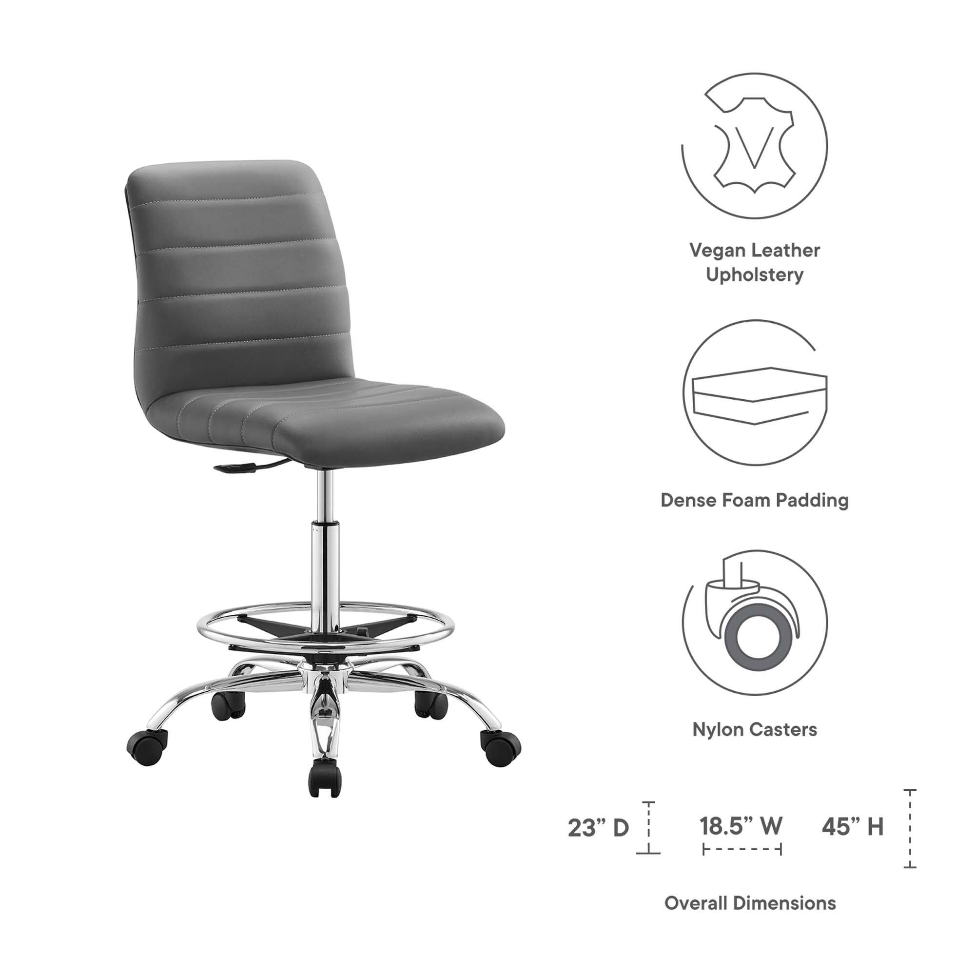 - Vegan Leather Upholstery
- Dense Foam Padding
- Nylon Casters
- Overall Dimensions: 23" D x 18.5" W x 45" H