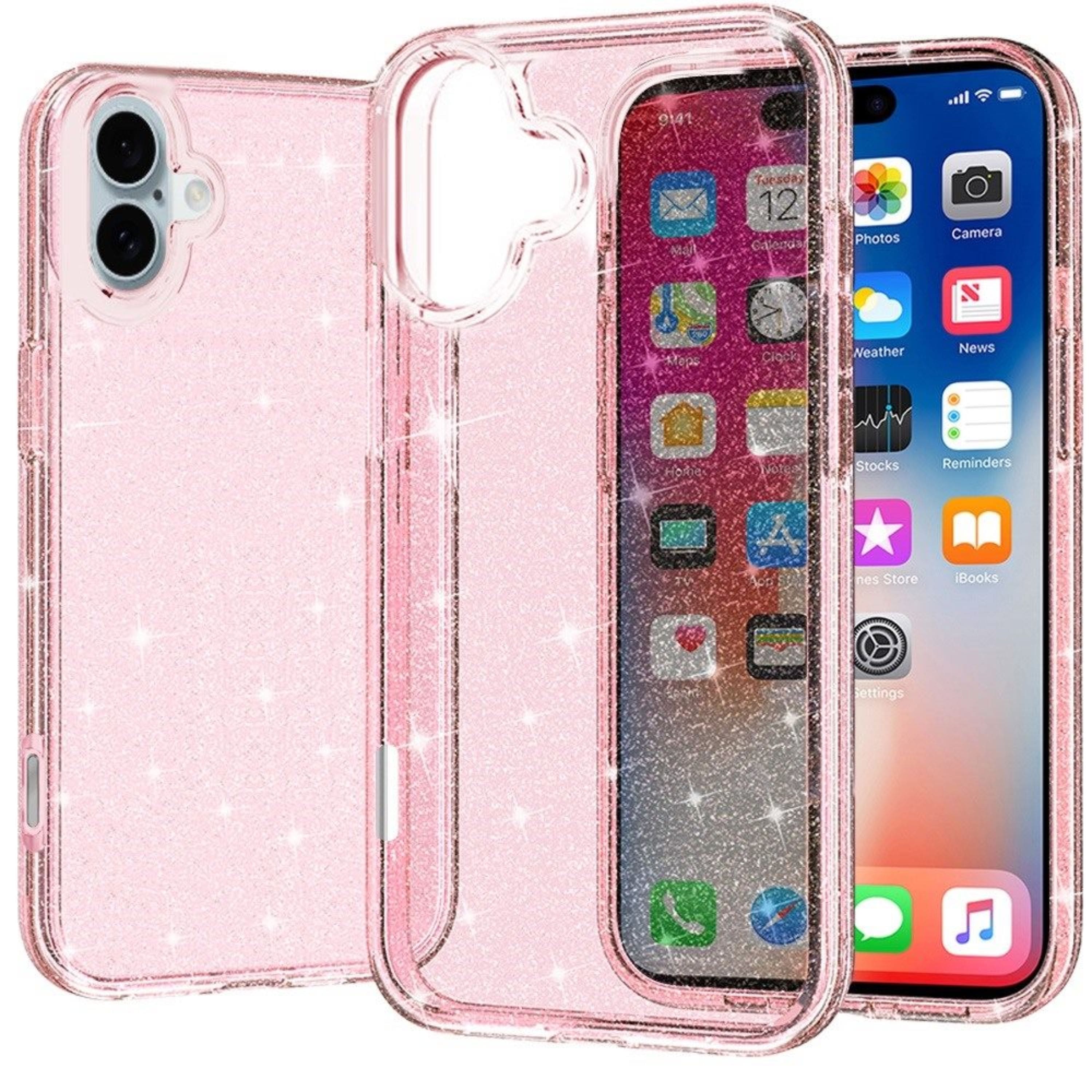 Kitcheniva - Glitter 3mm Translucent Case With Tempered Glass For iPhone 16 - Pink