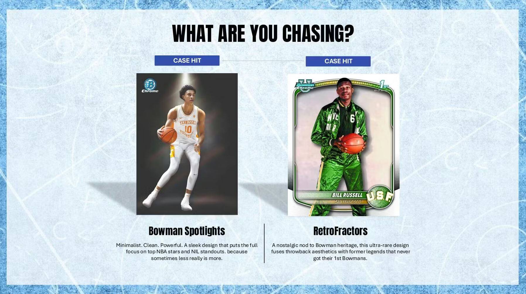 WHAT ARE YOU CHASING?

CASE HIT

Bowman Spotlights

Minimalist. Clean. Powerful. A sleek design that puts the full focus on top NBA stars and NIL standouts. Because sometimes less really is more.

CASE HIT

RetroFractors

A nostalgic nod to Bowman heritage, this ultra-rare design fuses throwback aesthetics with former legends that never got their 1st Bowmans.
