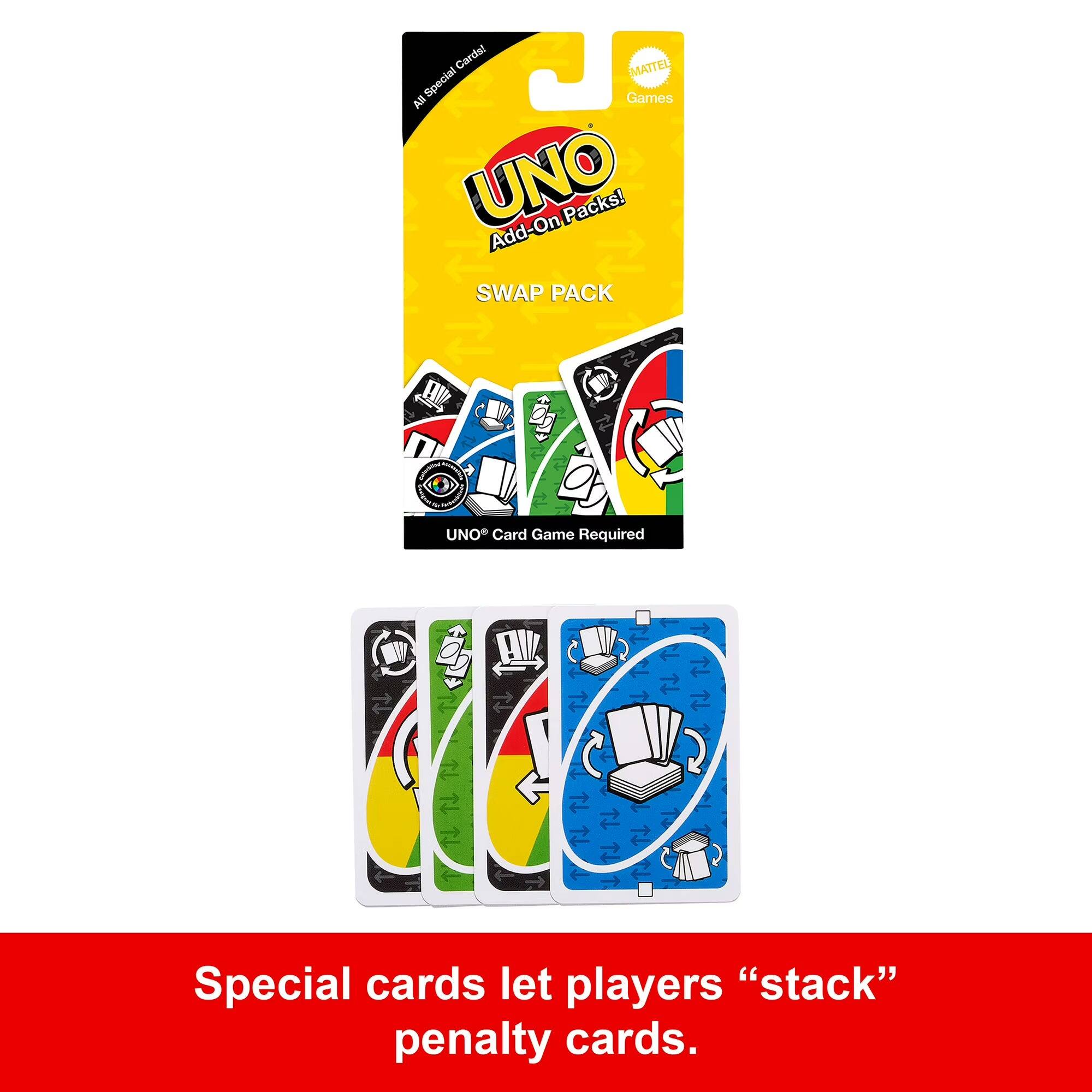 Cardal MATTEL Special Games All UNO Add-On Packs! SWAP PACK E - UNO Card Game Required Special cards let players "stack" penalty cards.