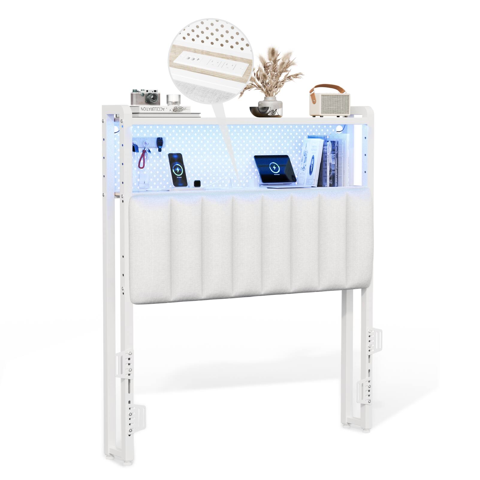 Front. Winado - Twin Size Adjustable Upholstered Headboard Only with 2 Tier Shelves and Pegboard with Charging Stations and LED Lights - White.