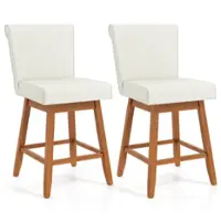 Costway - 27" Swivel Bar Stools Set of 2 with Rubber Wood Legs Upholstered Linen Bar Chairs - Beige/Natural - Front_Zoom
