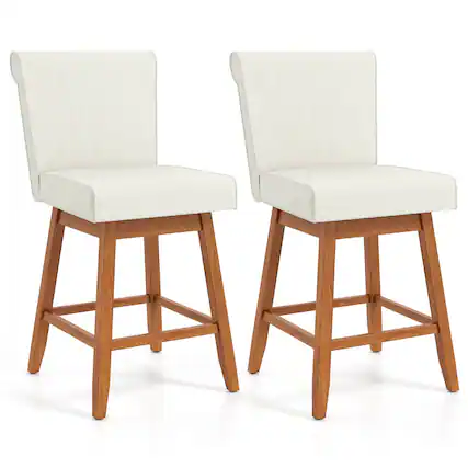 Front. Costway - 27" Swivel Bar Stools Set of 2 with Rubber Wood Legs Upholstered Linen Bar Chairs - Beige/Natural.