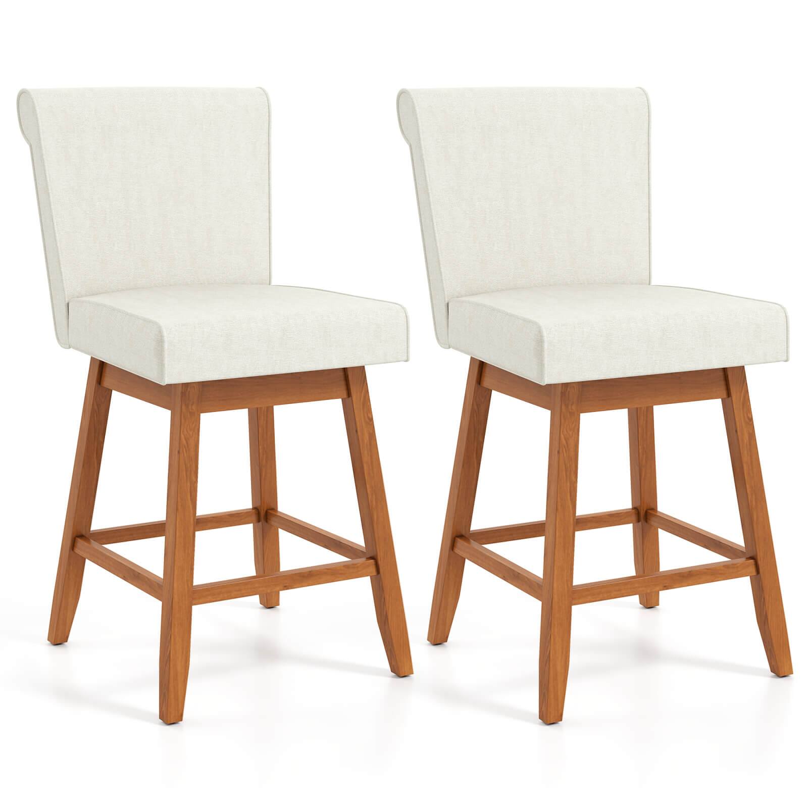 Costway - 27" Swivel Bar Stools Set of 2 with Rubber Wood Legs Upholstered Linen Bar Chairs - Beige/Natural