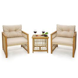 Costway - 3PCS Patio PE Wicker Conversation Set Acacia Wood Frame withSeat & Back Cushions - Brown