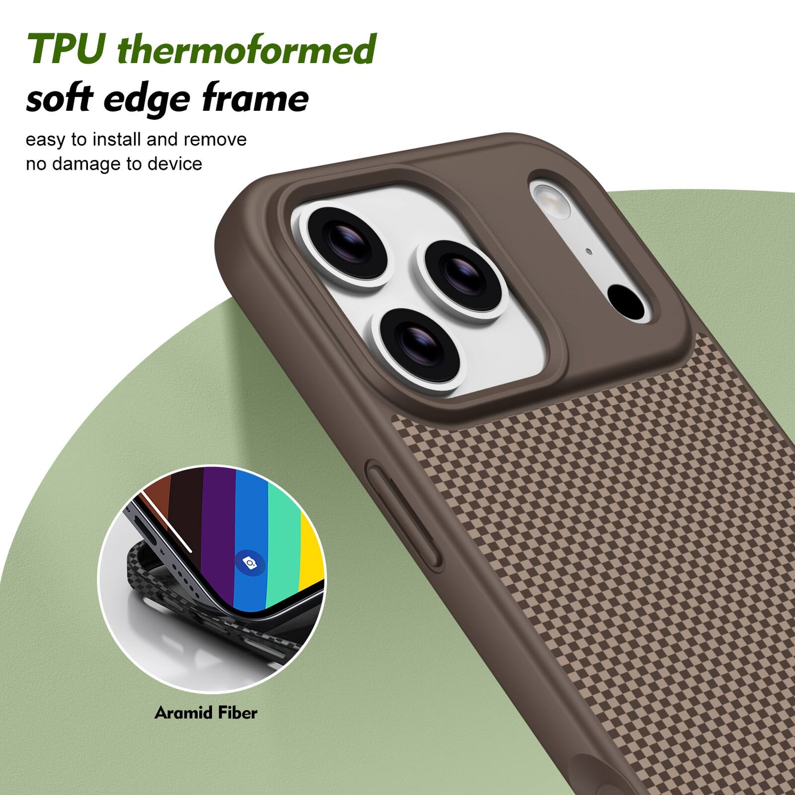 TPU thermoformed soft edge frame easy to install and remove no damage to device

Aramid Fiber