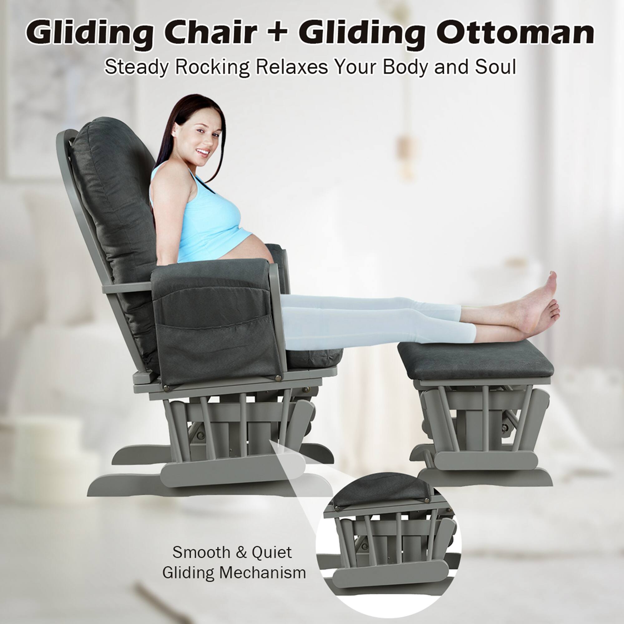 Gliding Chair + Gliding Ottoman: Steady Rocking Relaxes Your Body and Soul. Smooth & Quiet Gliding Mechanism.