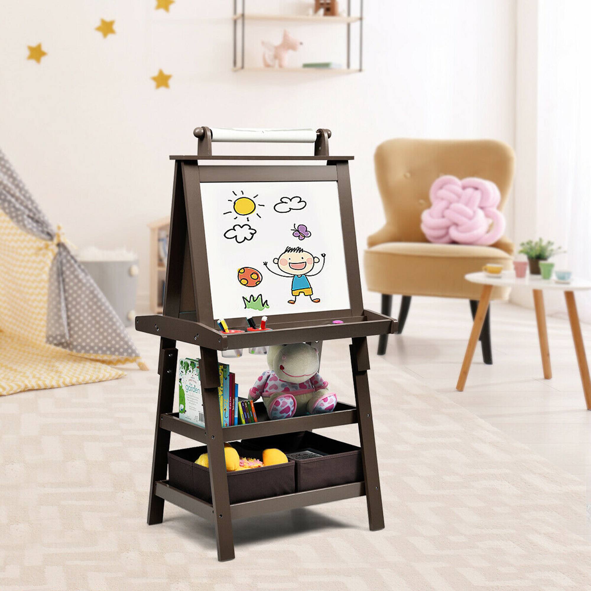 Alt View 1. Gymax - Gymax 3 in 1 Double-Sided Storage Art Easel w/ Paint Cups for Toddlers Writing Coffee - Coffee.