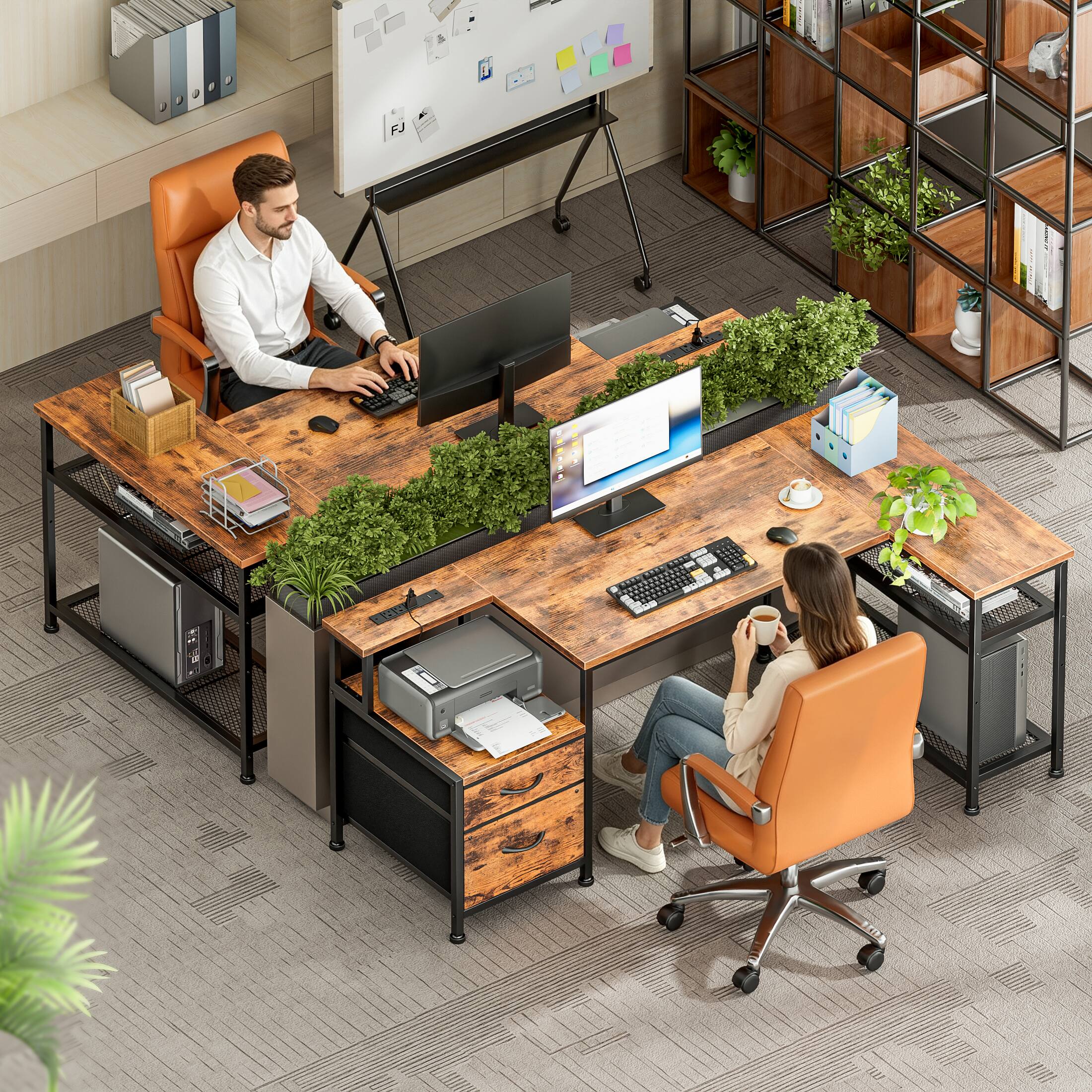 Alt View 7. Furnulem - Computer Desk With Drawers Power Outlet Gaming Desk With Storage Shelves for Home Office Desk - Brown.