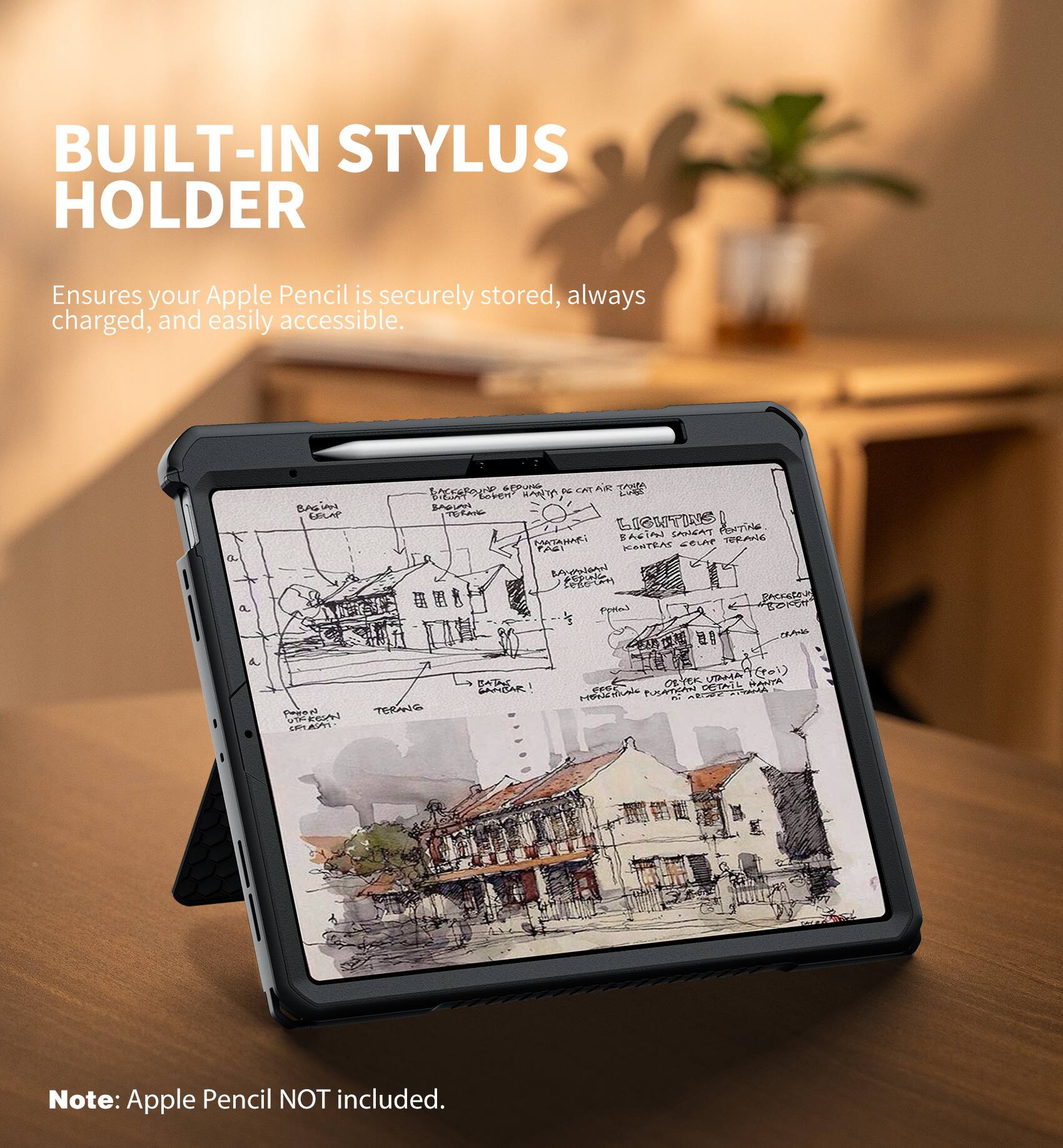 BUILT-IN STYLUS HOLDER  
Ensures your Apple Pencil is securely stored, always charged, and easily accessible.  

Note: Apple Pencil NOT included.