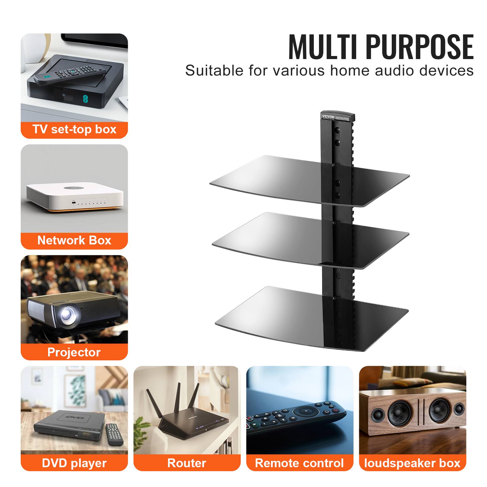 MULTI PURPOSE  
for various home audio devices  

Suitable for various home audio devices  

TV set-top box  
Network Box  
Projector  
DVD player  
Router  
Remote control  
louder box