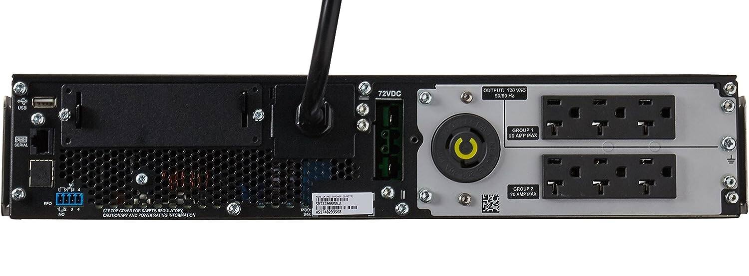& USB 72VDC OUTPUT 120 VAC 50:60 Hz O0 SERTAL GROUP 1 20 AMP MAX A i GROUP 2 20 AMP MAX EPO 3 NO SEE TOP COVER RO SAFETY, REGULATORY CAUTIONARY AND POWER RATING INFORMATION SA ST220OLA 11.1 I ... 500 55748293568 SN