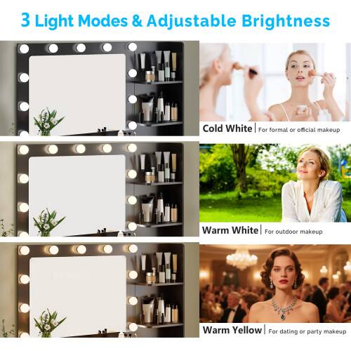 3 Light Modes & Adjustable Brightness

Cold White | For formal or official makeup

Warm White | For outdoor makeup

Warm Yellow | For dating or party makeup