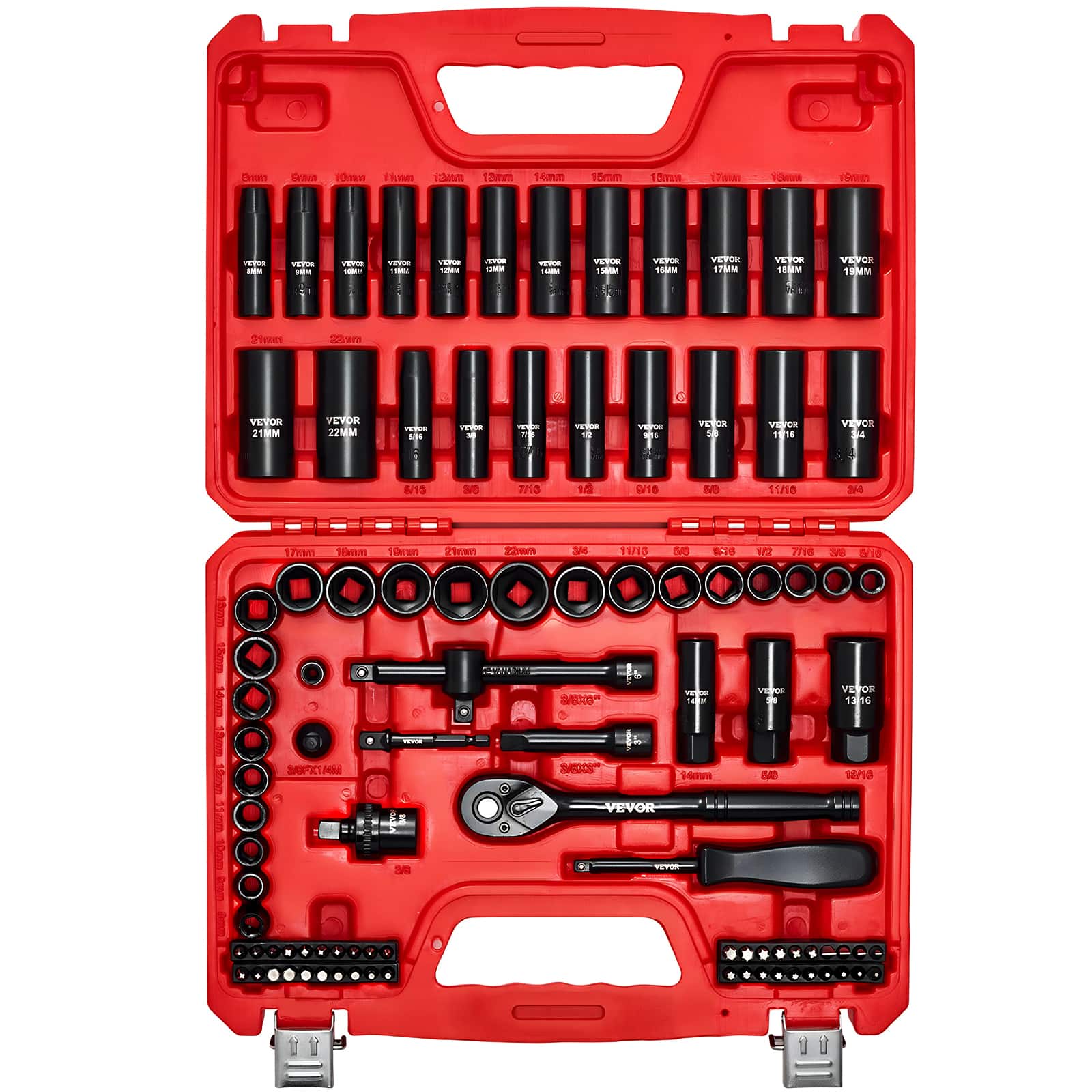 VEVOR - 3/8 in Drive Impact Socket Set, 96 Piece, 6 Point Deep & Shallow Impact Sockets, SAE (5/16 in to 3/4 in) and Metric - Red