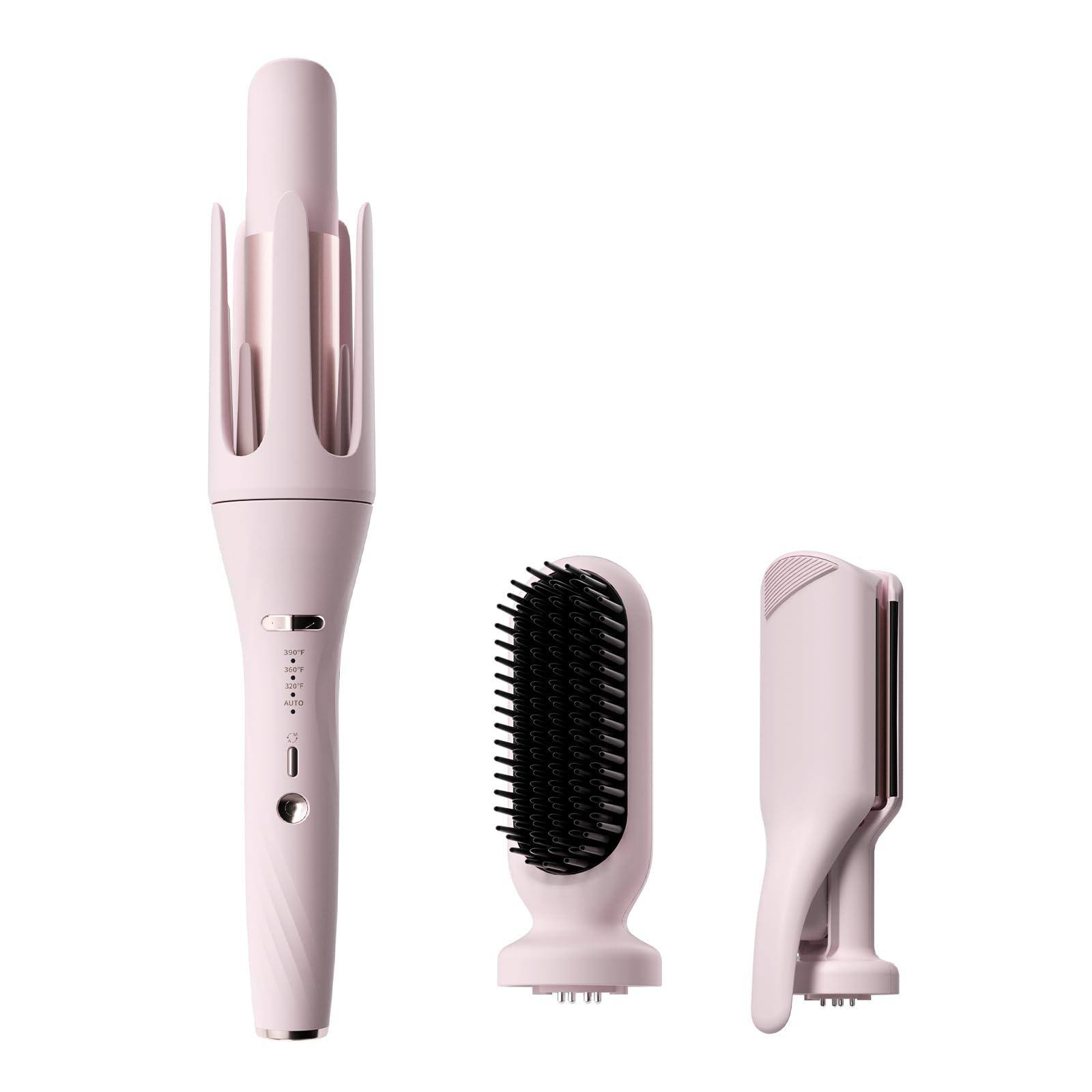 Reds Spade - Auto Curling Iron With Interchangeable Wand Hair Crimper Straightening Brush Rotating Ceramic Curler Temp - Pink 3 in 1