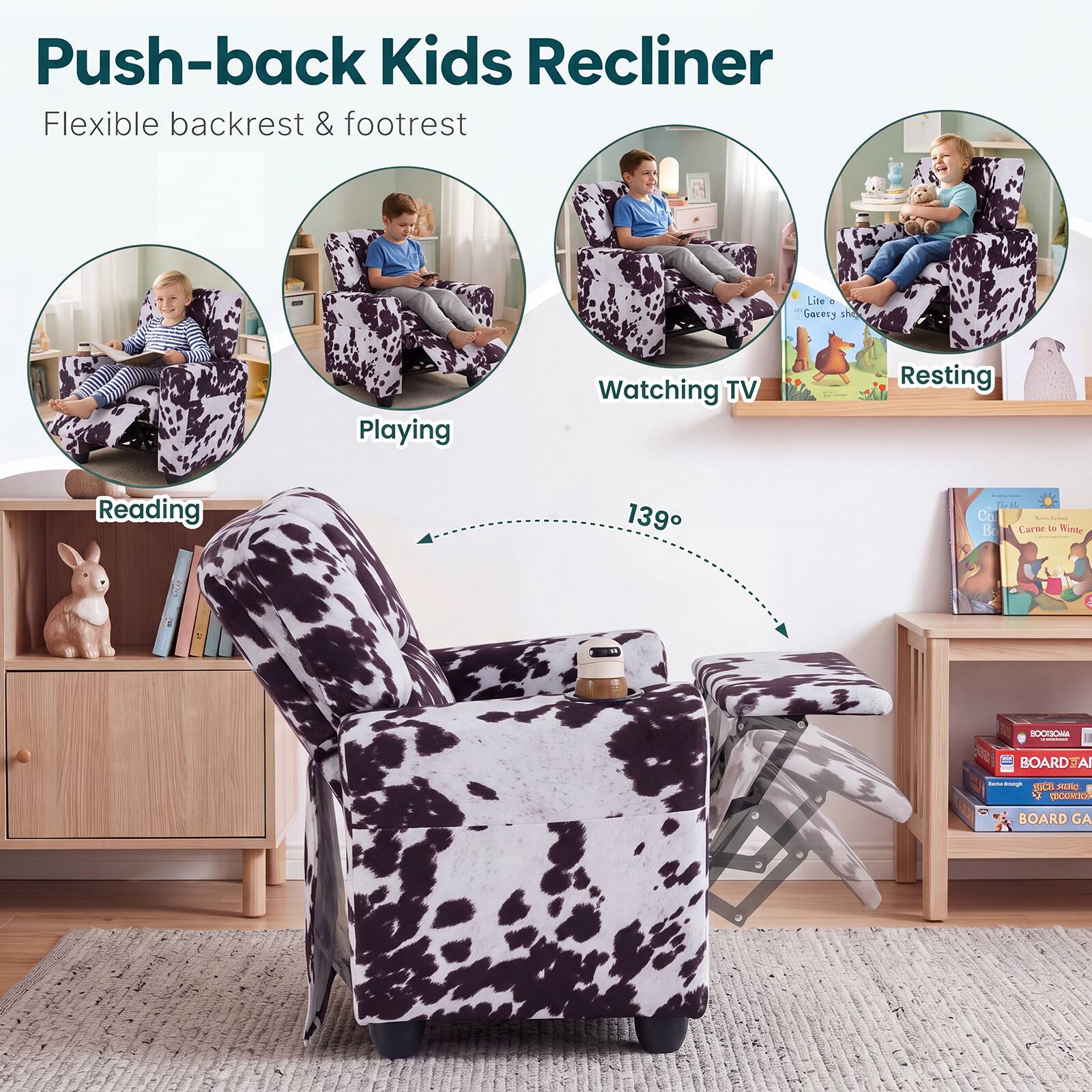 Push-back Kids Recliner  
Flexible backrest & footrest

Playing  
Watching TV  
Resting  
Reading

139°

Lite C Garesy she

BOOTSOMA  
BOARD  
Rete-boogh ECE SIGIC  
COCOMICS BOARD GA