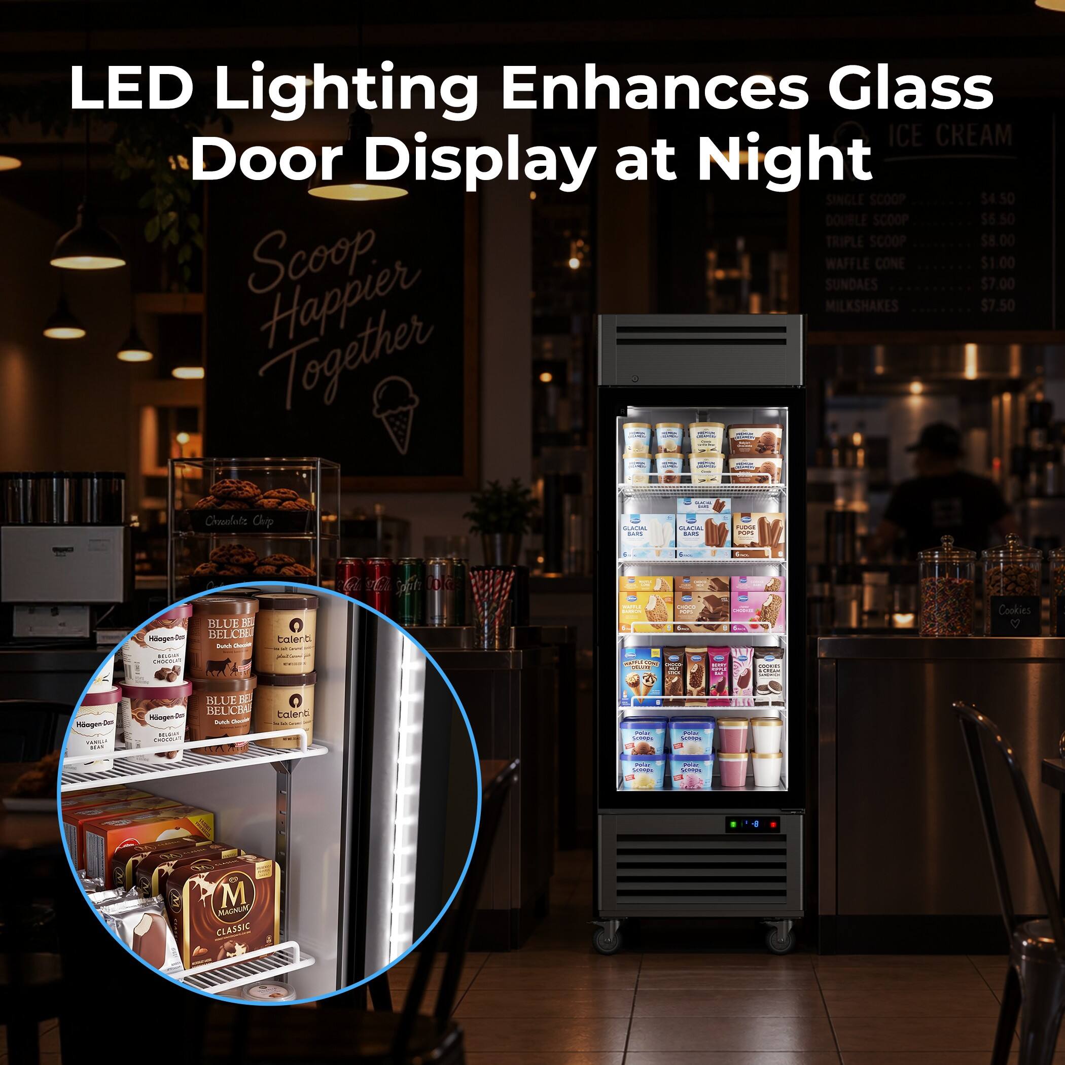 LED Lighting Enhances Glass ICE CREAM Door Display at Night

SINGLE SCOOP $4.50  
DOUBLE SCOOP $6.50  
TRIPLE SCOOP $8.00  
WAFFLE CONE $1.00  
SUNDAES $7.00  
MILKSHAKES $7.50  

Scoop Happier Together

25% Choclate Chip  
OLACIAL CLACIAL - DAVE BARS  
HagenD 10.00  
CHOCOLATE  
BLUE BEL BELICE Dutch  
talent  
bf  
WATTA ACTIVE THE  
10000 KIPC J OWING -  
COOKIES witter  
Cookies  
Hoger-On Open 14/0004 IDS  
BLUE BEL Day BEUCBAL  
HagenD Decial Dutch SOLO- capories  
talenb  
Par 00000 MESICS  
- MADOTE  
VISA  
Paratar BORTON VII  
M MAGNUM CLASSIC