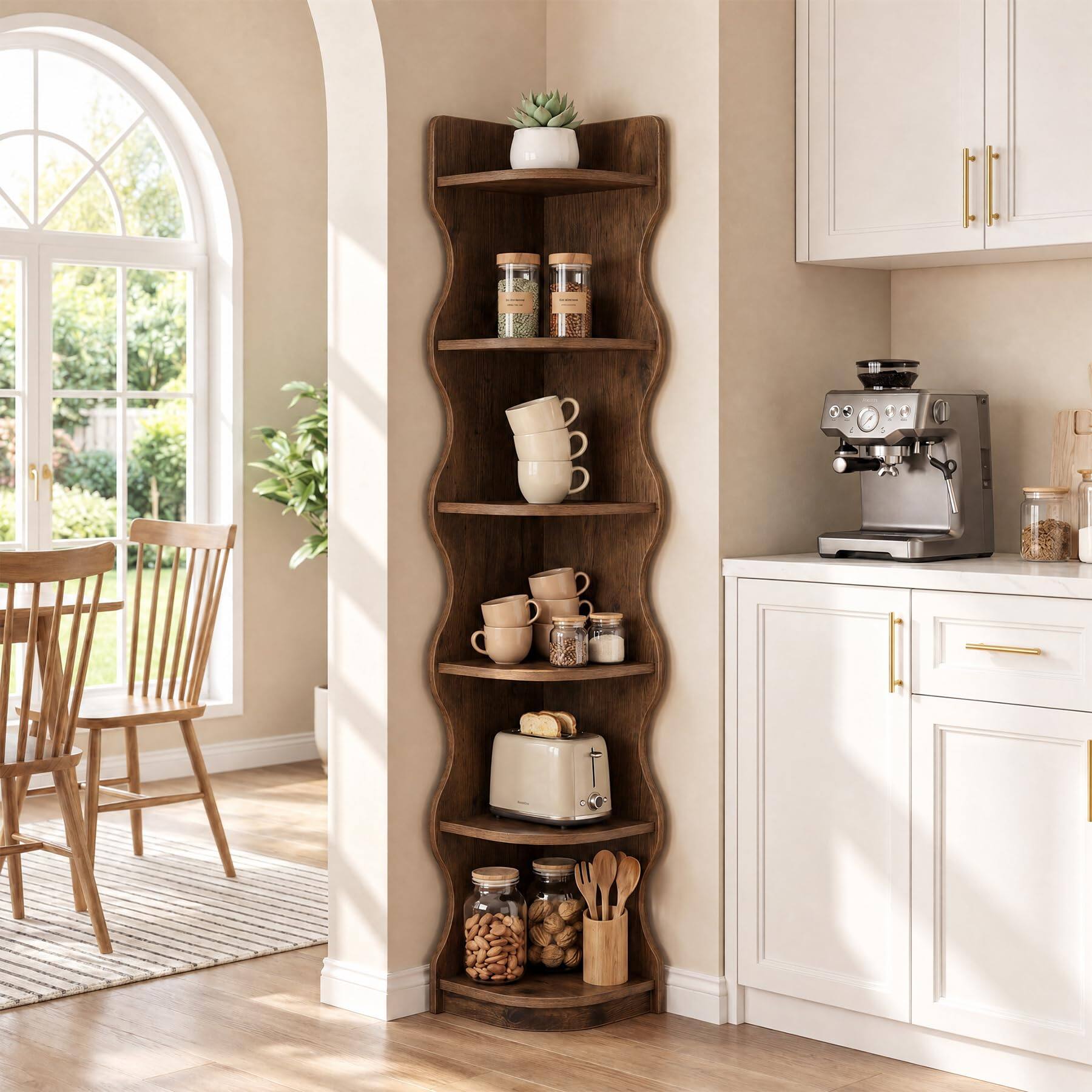 Left. Tribesigns - LITTLE TREE 71 Inch Wood Tall Corner Bookshelf, Corner Storage Bookcase - Dark Brown.