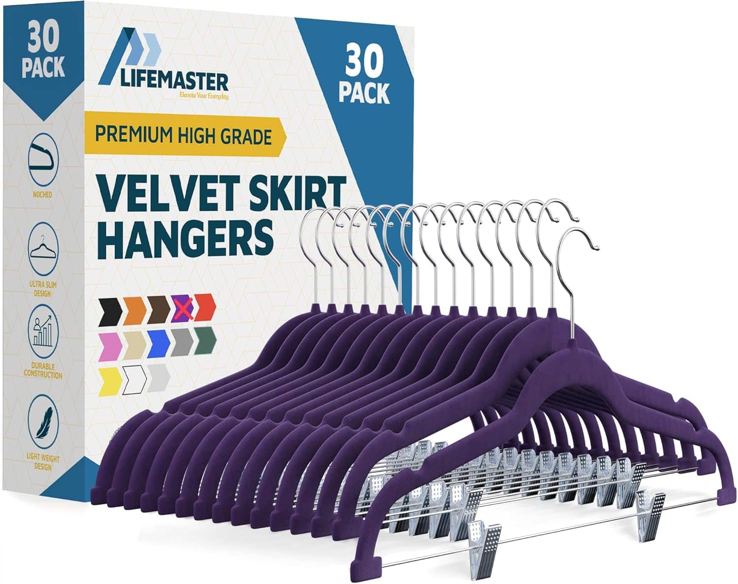 Photos - Dresser / Chests of Drawers Lifemaster - Velvet Skirt Hangers – Adjustable Clips, Swivel Hook, Non-Slip Notch, Holds 10 lbs, Pack of 30 - Purple LMVSH30