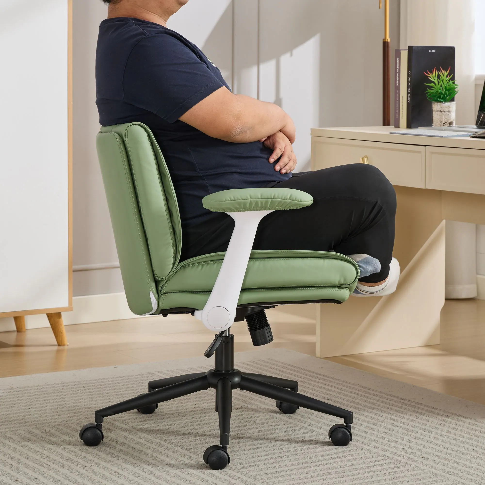 Left. Akoasm - Leather Cross Legged Office Chair Ergonomic Desk Chair with Flip-Up Armrests, Wheels for Home Office, Vanity-Green - Green.