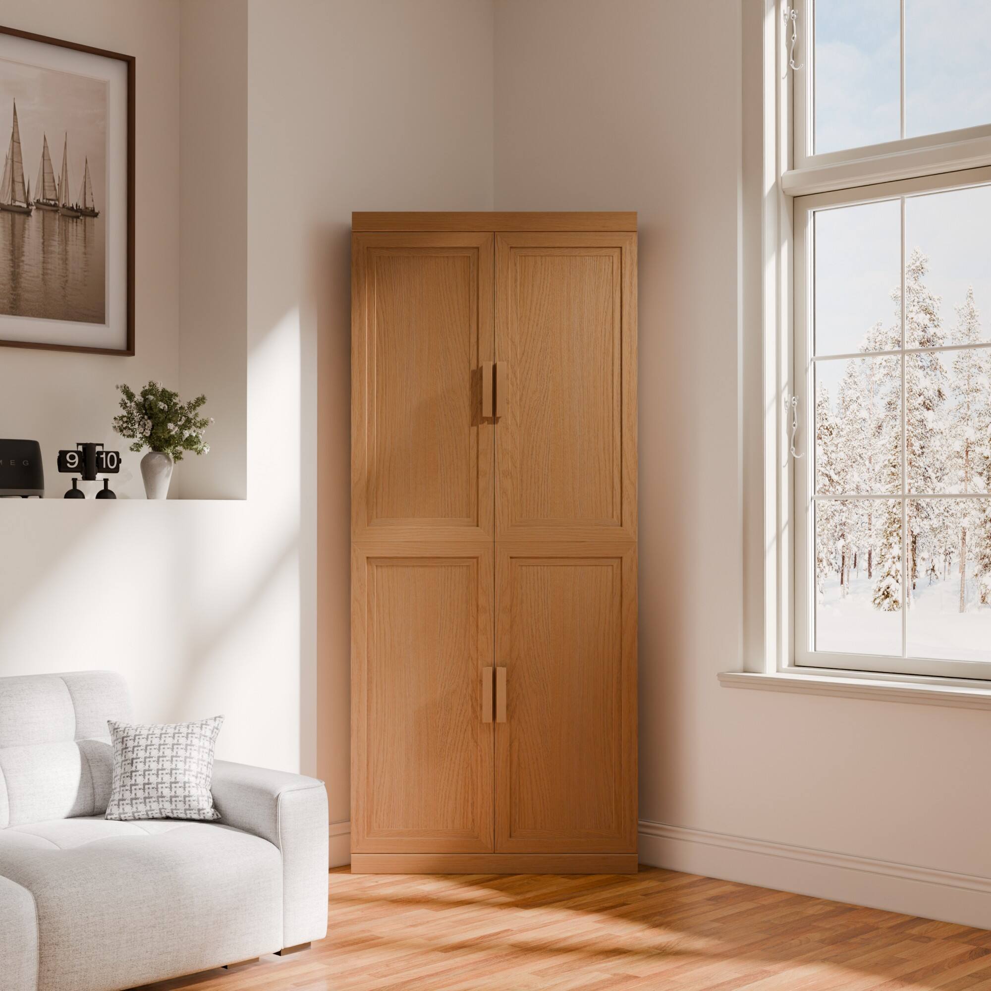 Alt View 1. PexFix - 72" Farmhouse Corner Accent Storage Cabinet with Solid Wood Doors and Adjustable Shelves for Space-Saving - Natural.