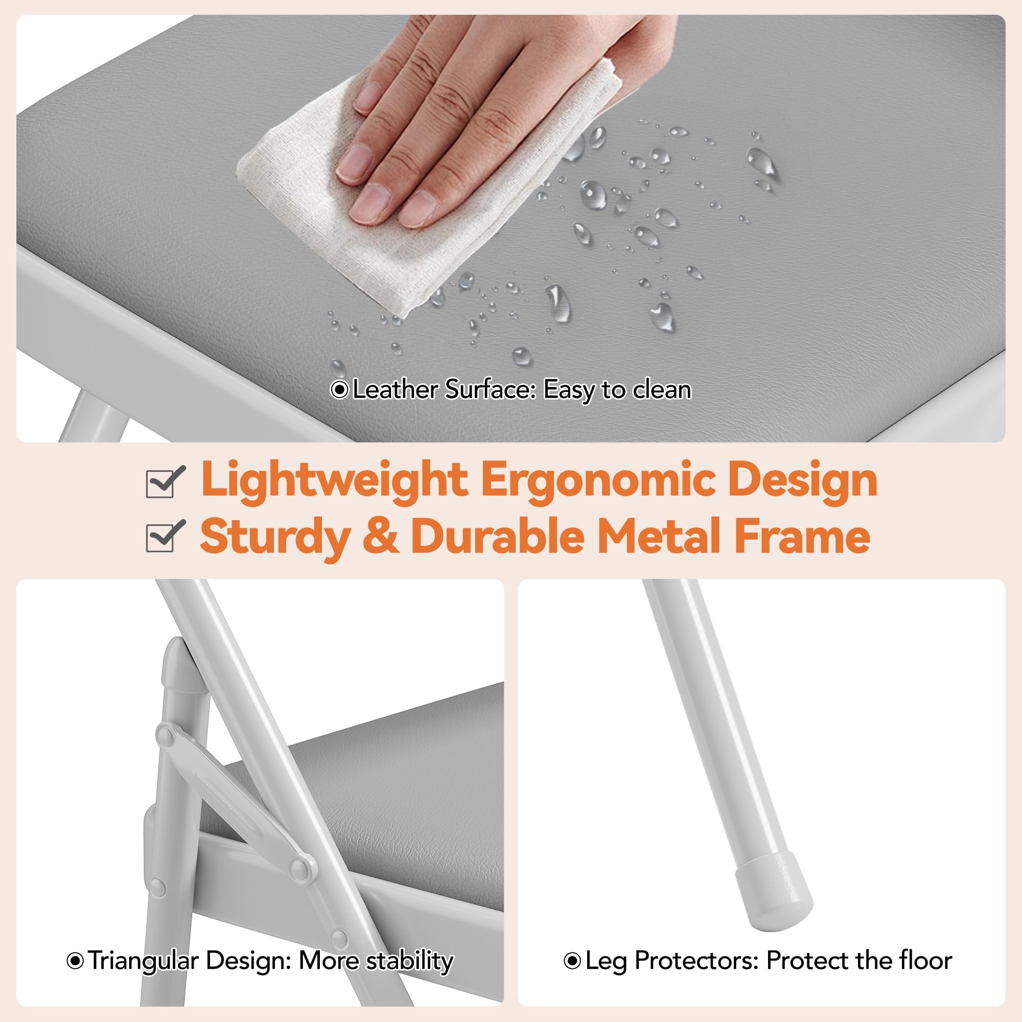 - Leather Surface: Easy to clean
- Lightweight Ergonomic Design
- Sturdy & Durable Metal Frame
- Triangular Design: More stability
- Leg Protectors: Protect the floor
