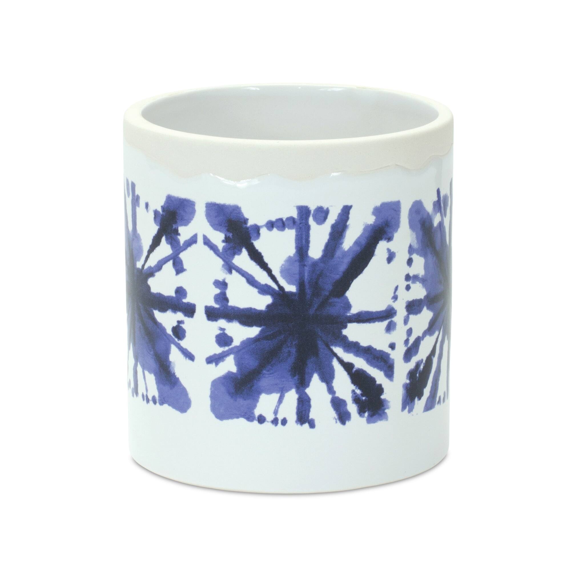 Left. BreeBe - Tie-Dye Print Ceramic Pot (Set of 2) - White, Blue.