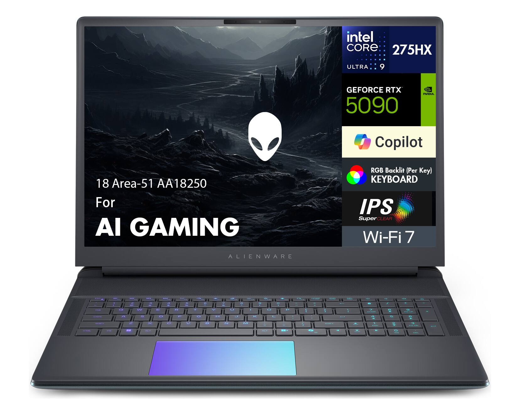 Intel Core 275HX Ultra 9, GeForce RTX 5090, Copilot, 18 Area-51 AA18250 For AI Gaming, RGB Backlit (Per Key) Keyboard, IPS Super Clear, Wi-Fi 7, Alienware