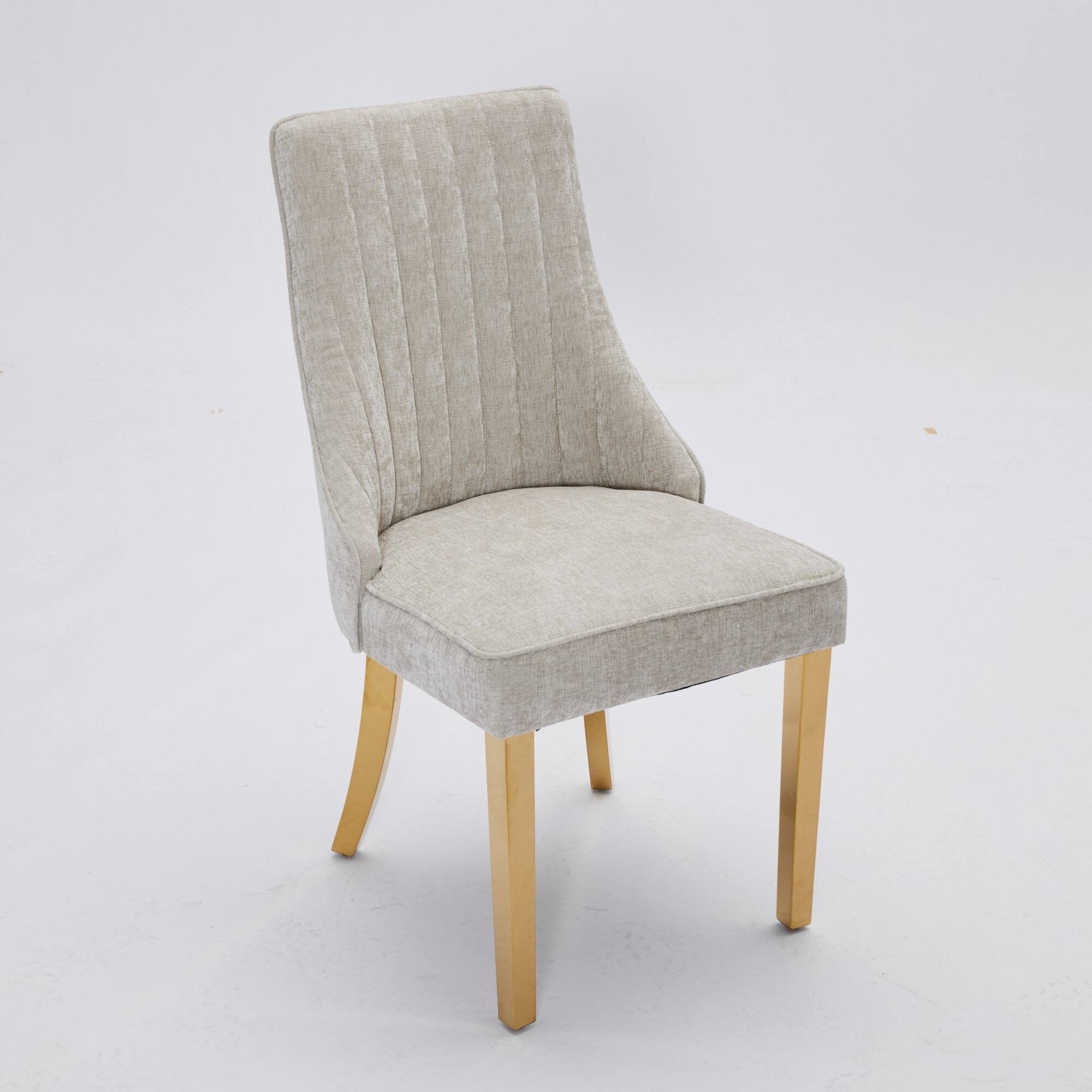 Back. GOODSILO - Luxury Chenille Fabric Upholstered Dining Chairs with Golden Stainless Steel Legs, Set of 2 - Beige.
