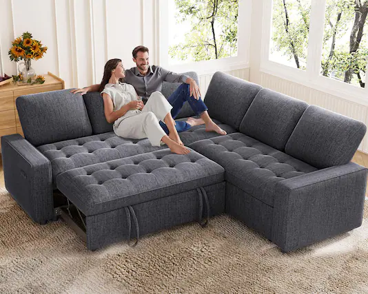 Front. Dyonery - 5 Seat L Shaped Modular Sectional Sleeper Sofa Bed with Pull Out Bed/Reclining Backrest/USB Ports/Storage Seat - Grey.