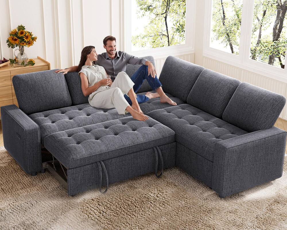 Front. Dyonery - 5 Seat L Shaped Modular Sectional Sleeper Sofa Bed with Pull Out Bed/Reclining Backrest/USB Ports/Storage Seat - Grey.