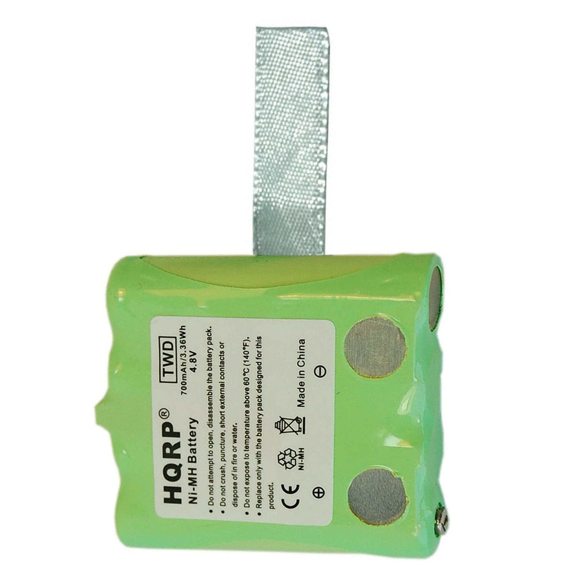 36Wh TWD 700mAh/3.36 4.8V R HQRP Battery Ni-MH pack. The battery disassemble open. Do not attempt to crush, puncture, or contacts external short. Do not expose to fire or water. Dispose of in a proper manner. Do not expose to temperature above 140F. This battery is designed for the product only. Replace with the same product. Made in China. NI-MH CE