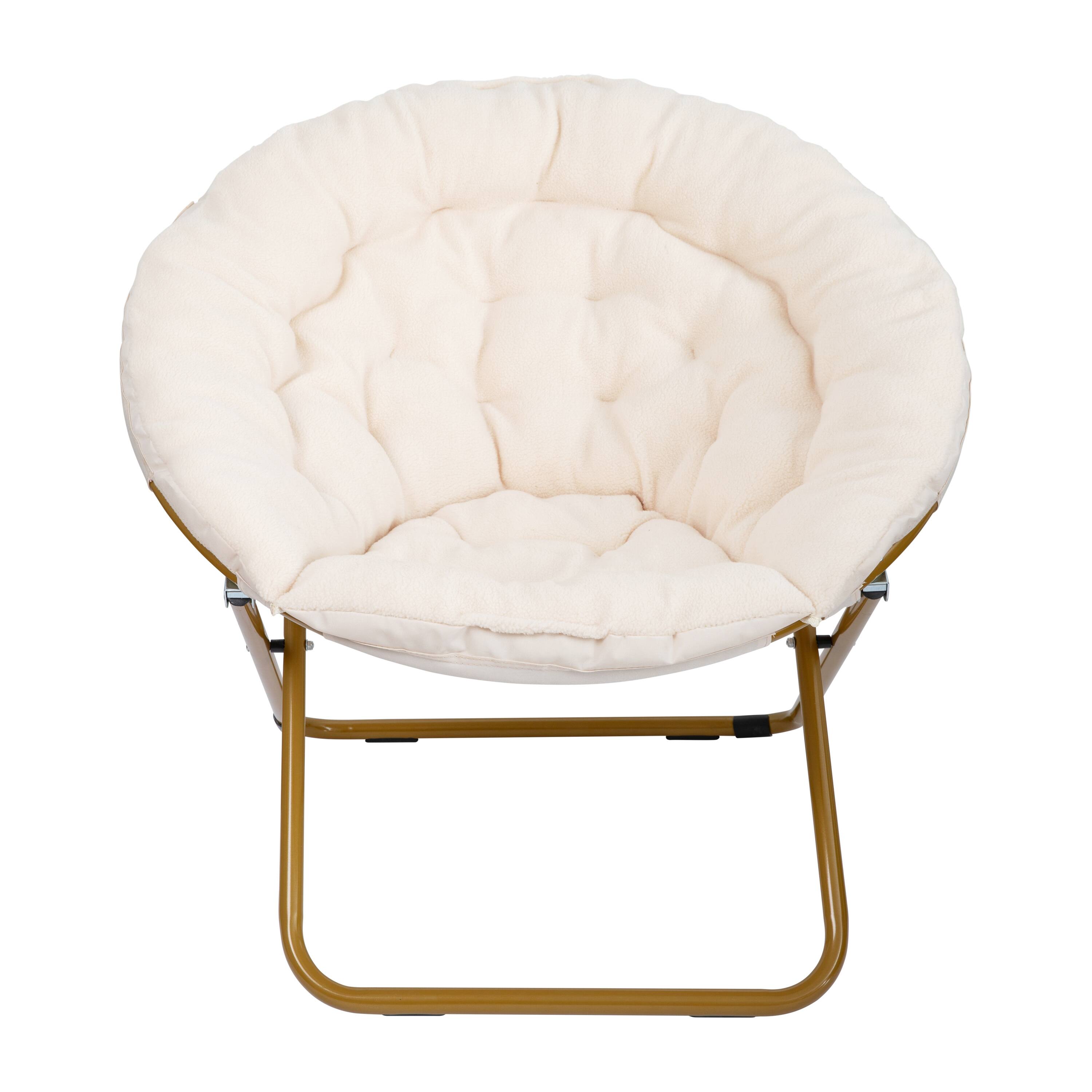 Alt View 9. Emma + Oliver - Ersa Oversize Folding Saucer Moon Chair and Ottoman for Dorm and Bedroom with Steel Frames - Ivory Faux Shearling Fabric/Soft Gold Frame.