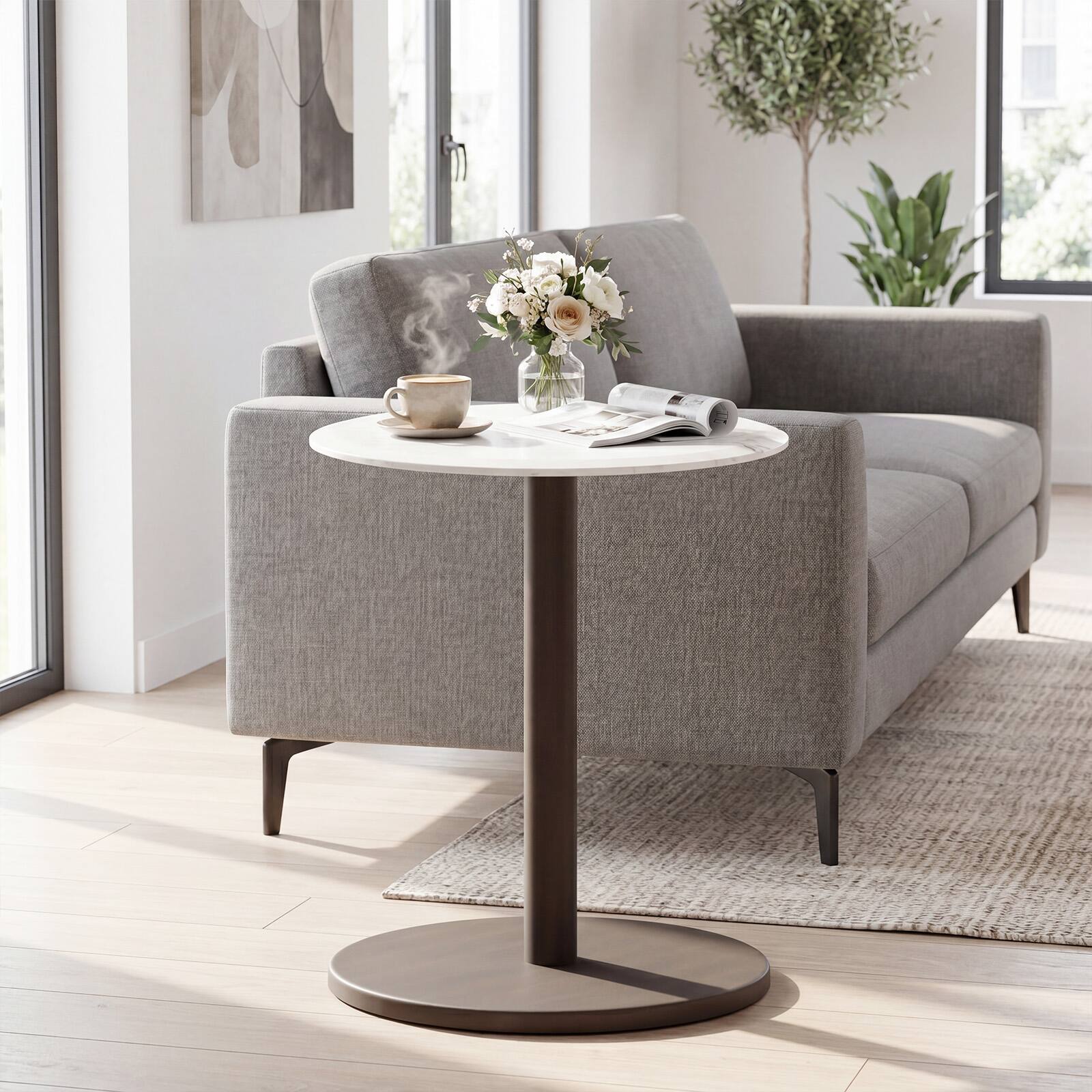 Alt View 1. Costway - Costway 2 PCS Round Marble Side Table with Stone Finish & Wooden Base for Living Room - White + Black.