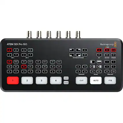 ATEM SDI Pro ISO
Blackmagicdesign
DISK ON OFF ON OFF ON ON
REC ONA AUst & DF.
DFE STOP OFF
MIC 1 MIIC 1
PICTURE IN PICTURE
KEY RECORD STREAM
AFV RESET APV RESET
AFV RESET AFV RESET
1 2 ON OTF ON OFF ON OFF ON OFF
0.5 10 1 4
A Y A Y a * A Y ES
2 MIE DV M/V
DURATION EFFECT VIDEO OUT
1 2 3 4
STILL BLACK CUT AUTO FTB