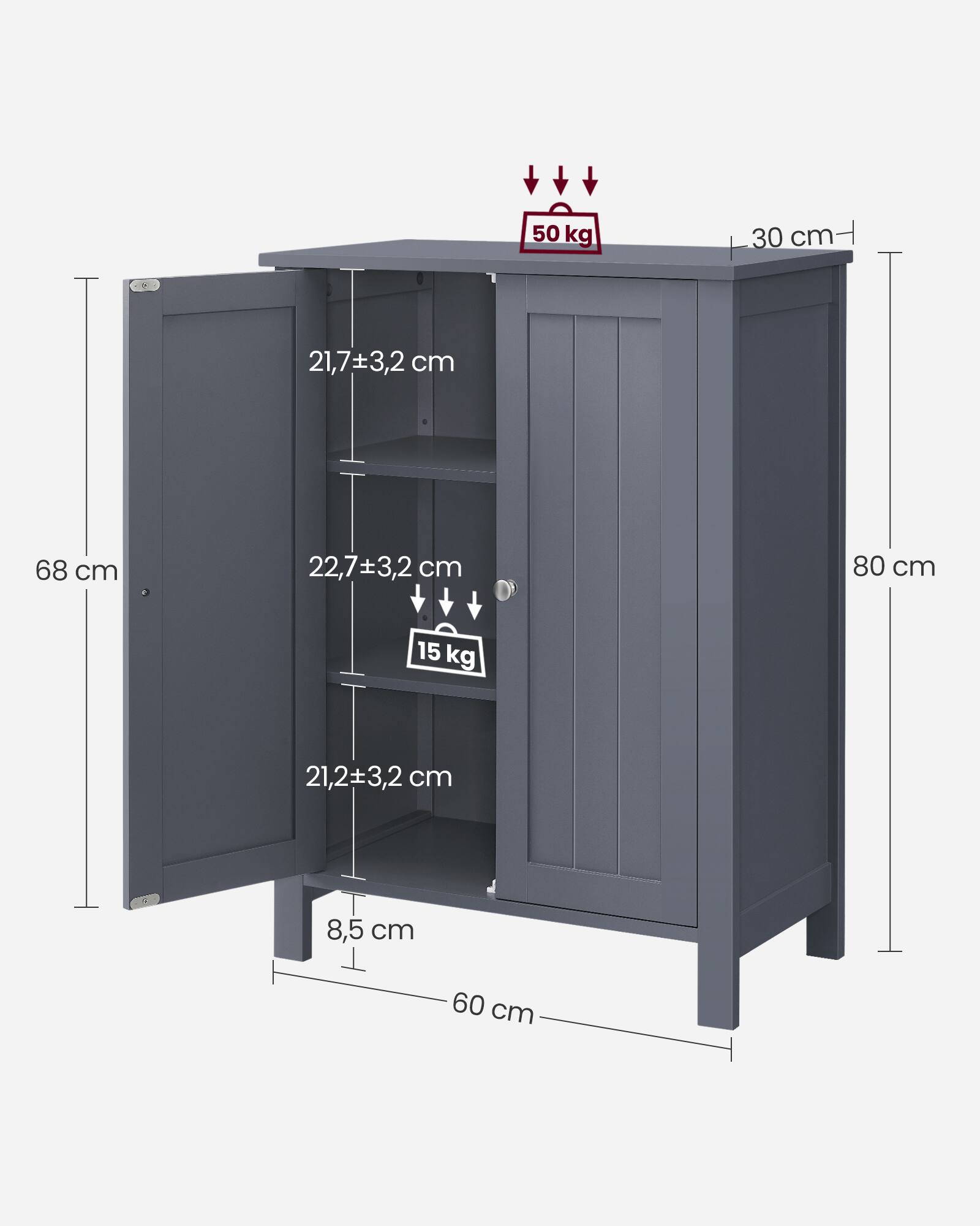 50 kg  
30 cm  
21,7±3,2 cm  
68 cm  
22,7±3,2 cm  
80 cm  
15 kg  
21,2±3,2 cm  
8,5 cm  
60 cm